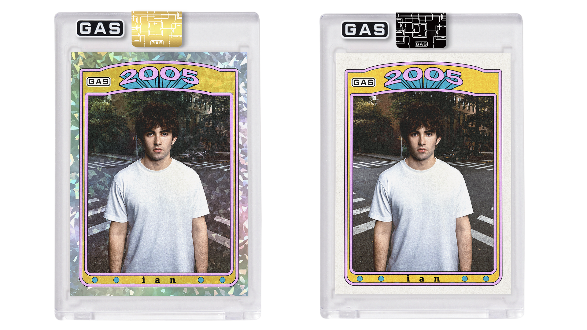Two collectible cards featuring a person with curly hair in a white t-shirt, labeled "2005" and "ian," encased in protective sleeves.