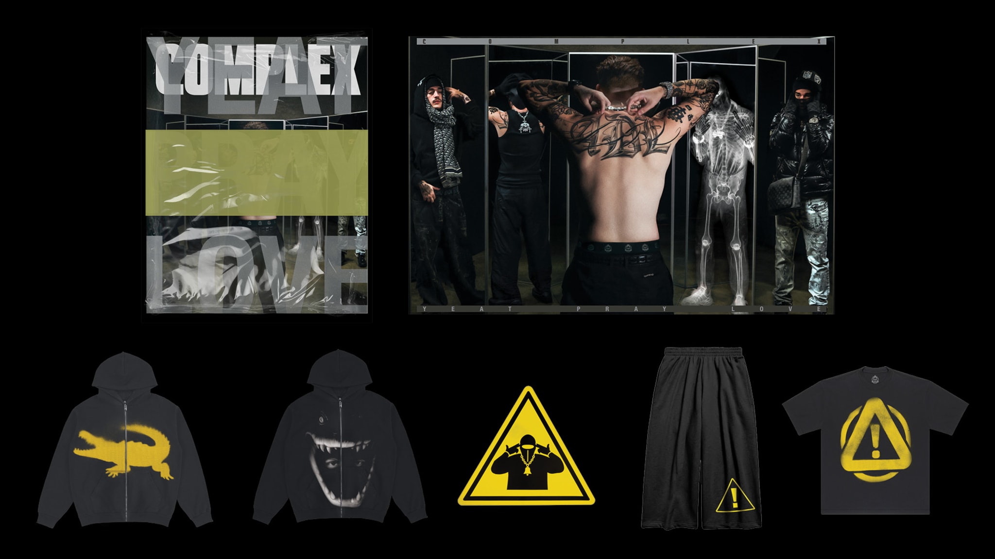 A collage featuring clothing items with bold graphics, a shirtless man with tattoos, and a group of people in dark attire.