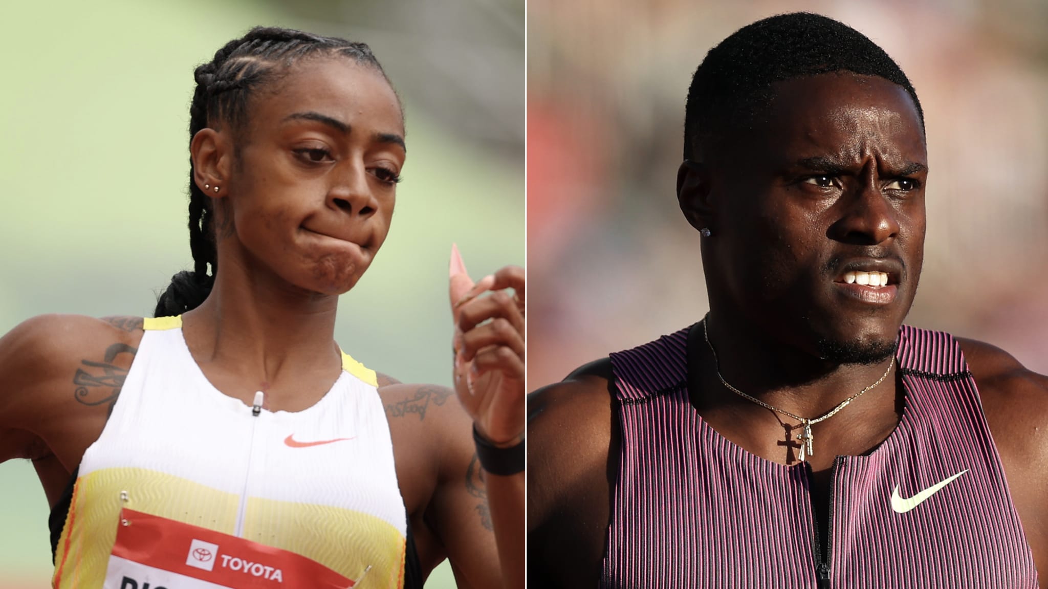 Two athletes in action: a woman in a white and yellow top on the left, and a man in a purple top on the right, both focused.