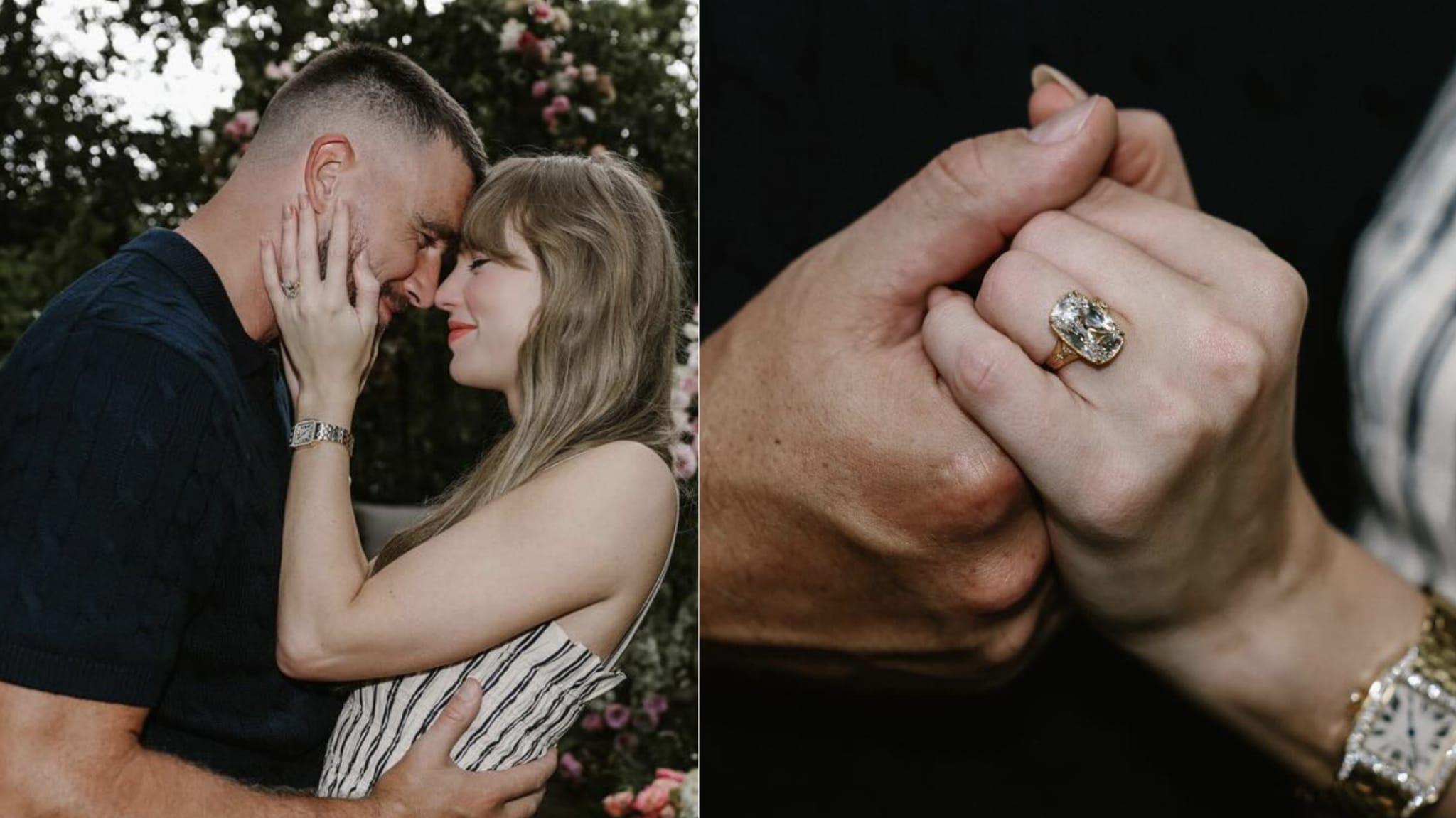 A couple embracing outdoors; the woman shows an engagement ring on her hand.