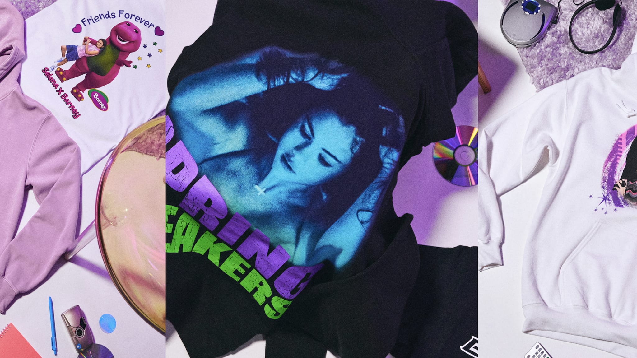 A collection of Selena Gomez-themed merchandise, including clothing and accessories, displayed around a vintage TV showing her name.