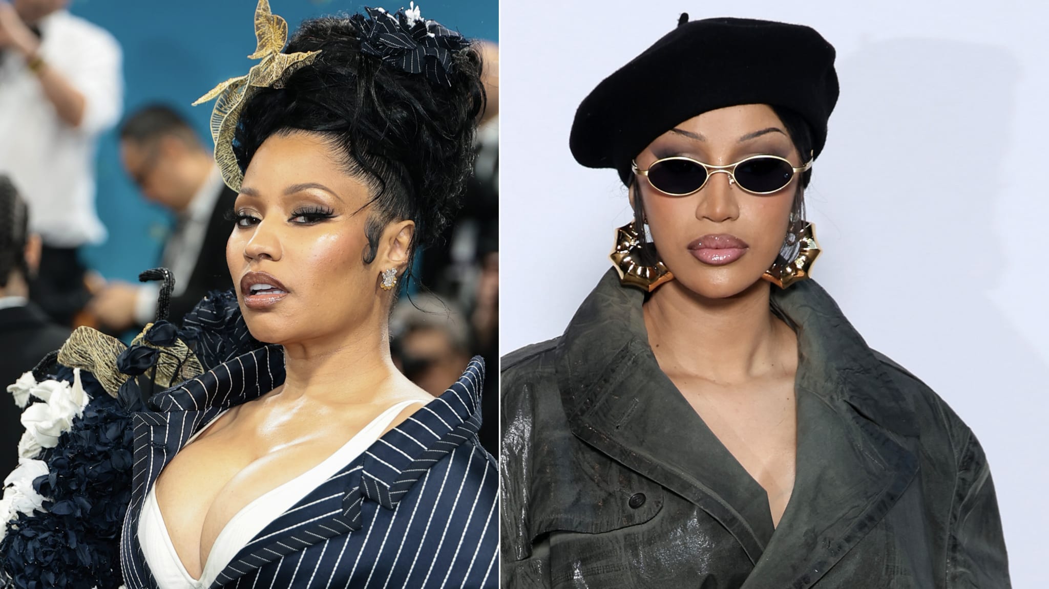 Nicki Minaj in a striped outfit with floral accents and Cardi B in a beret and sunglasses, both with bold jewelry.