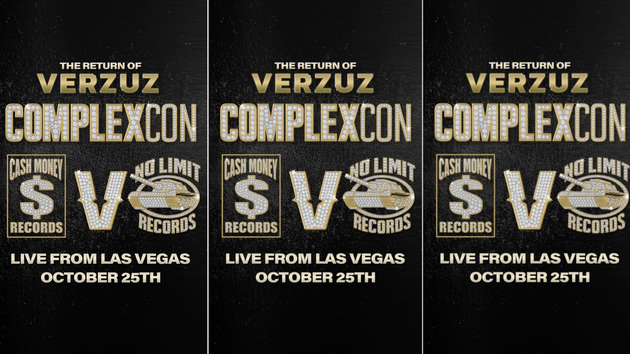 Poster for the return of Verzuz at ComplexCon, featuring Cash Money Records vs. No Limit Records, live from Las Vegas on October 25th.