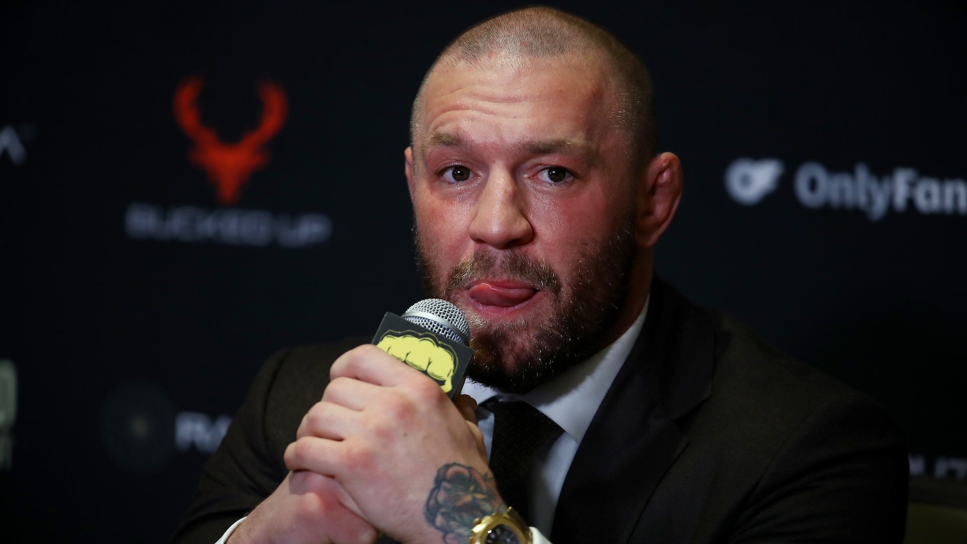 MIAMI, FLORIDA - MARCH 27: Conor McGregor interacts with media after BKFC 70 Hollywood at Hard Rock Live in Seminole Hard Rock Hotel & Casino on March 27, 2025 in Hollywood, Florida.