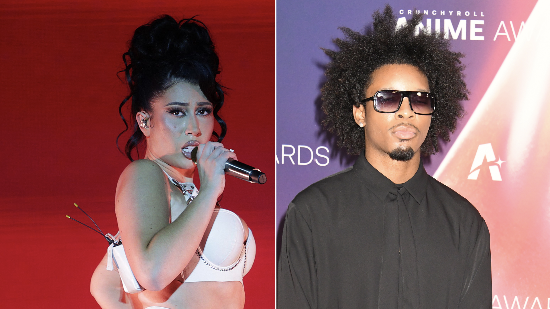 Kali Uchis performing on stage, wearing a white outfit, and a man with an afro hairstyle, wearing sunglasses and a black shirt at an event.