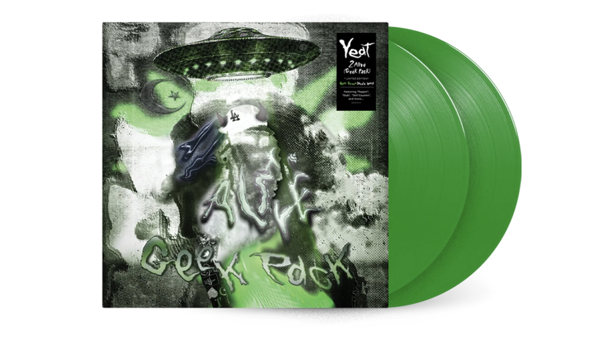 Cover of Yeat's album featuring a UFO and abstract green design, with two green vinyl records.