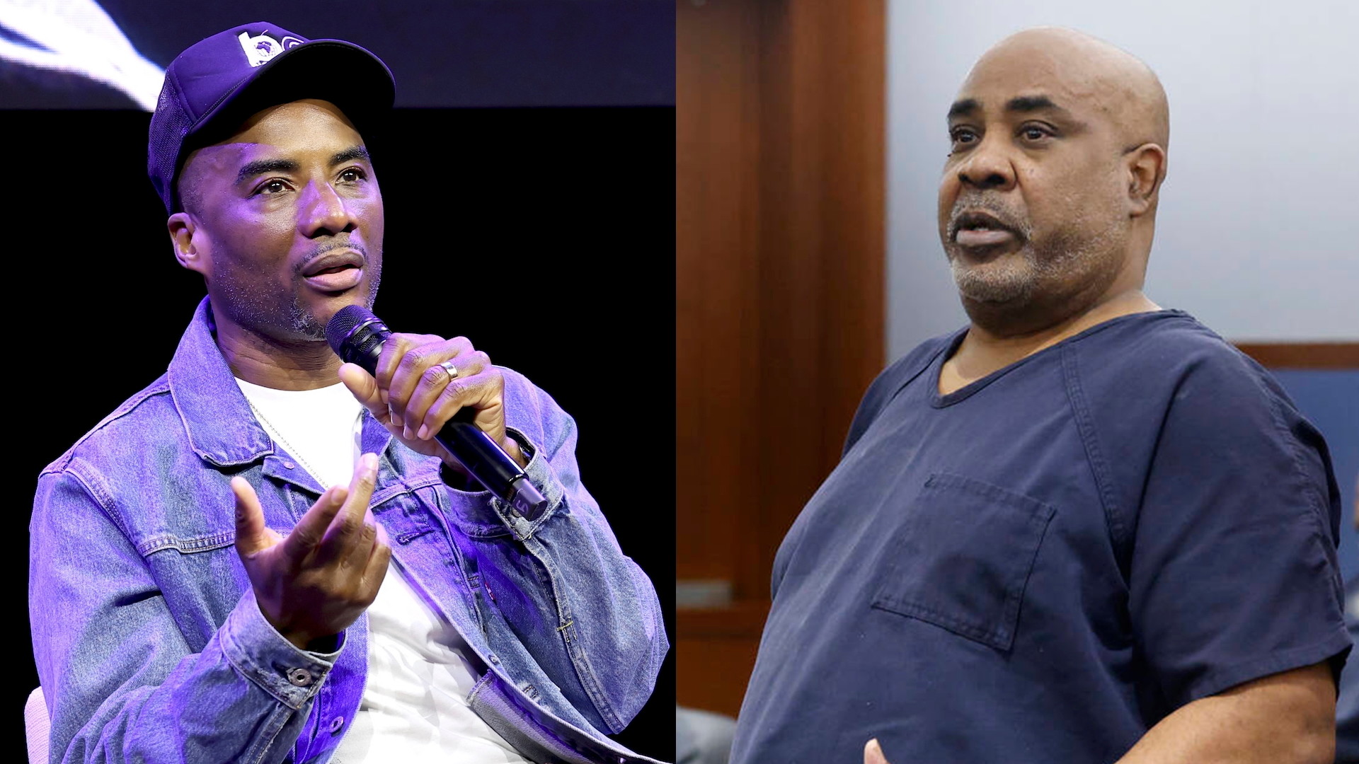 Split image. Left: Charlamagne tha God wears a cap and holds a microphone. Right: Duane "Keffe D" Davis, wearing a blue shirt, is inside of a courtroom.