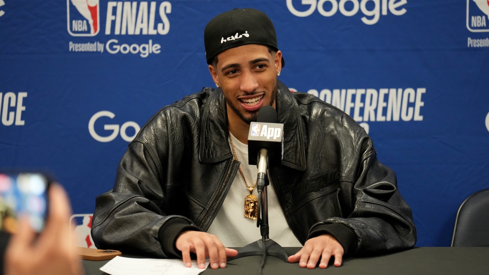 Tyrese Haliburton talks to the media after the game.