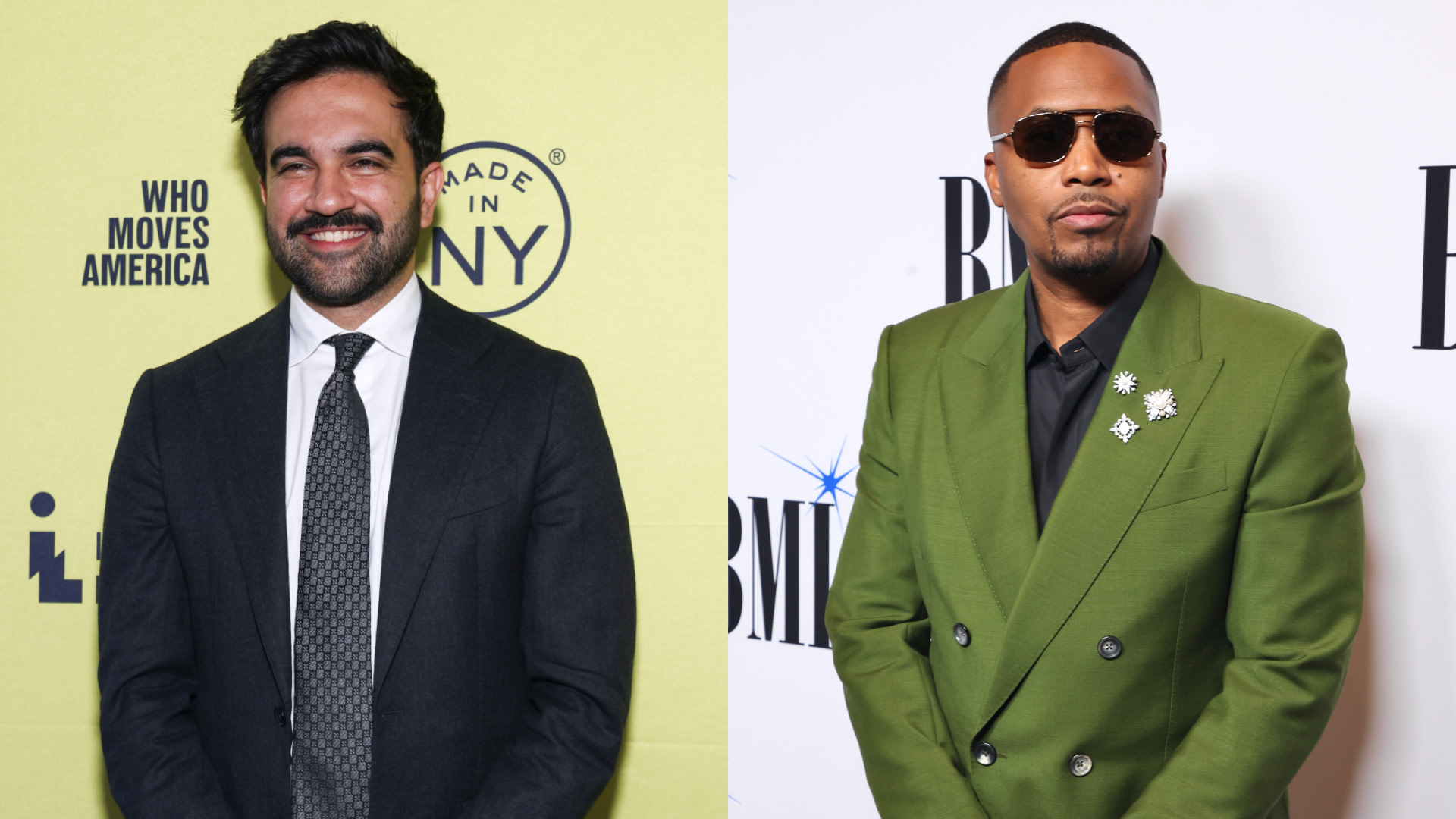 Split image. Left: NYC Mayor Zohran Mamdani in a suit with a yellow backdrop. Right: Rapper Nas in a green jacket with sunglasses.