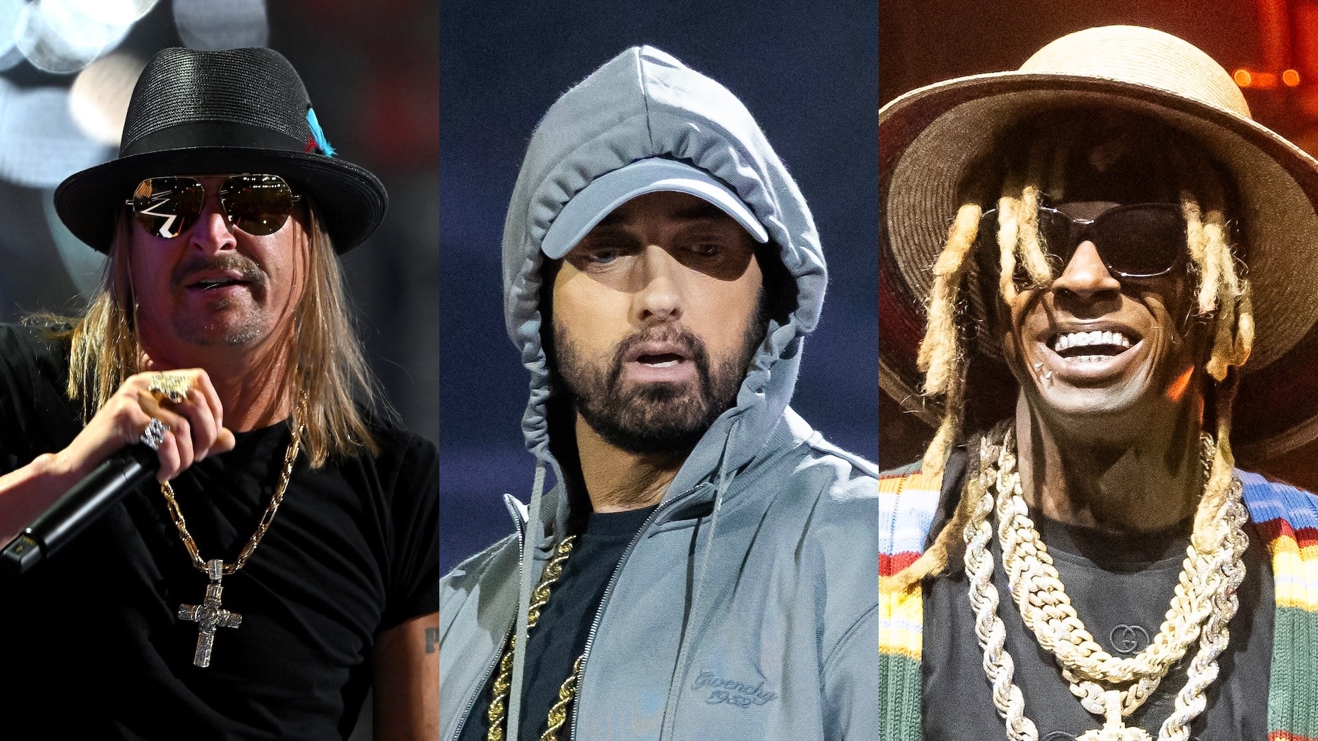 Split image of Kid Rock, Eminem and Lil Wayne.