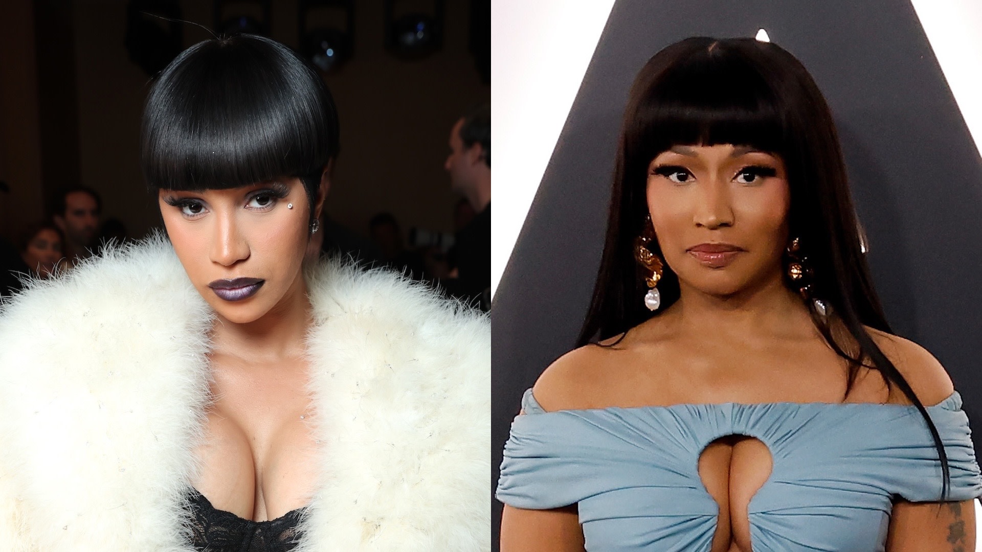 Split image of Cardi B and Nicki Minaj.