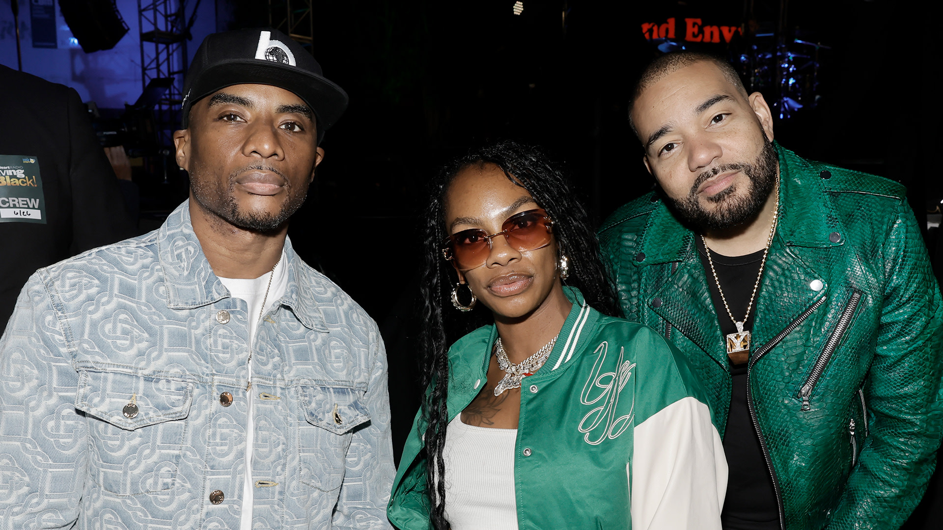 n this image released on August 2, (L-R) Charlamagne Tha God, Jess Hilarious and DJ Envy pose backstage during a taping of iHeartRadio’s Living Black 2023 Block Party in Inglewood, California.