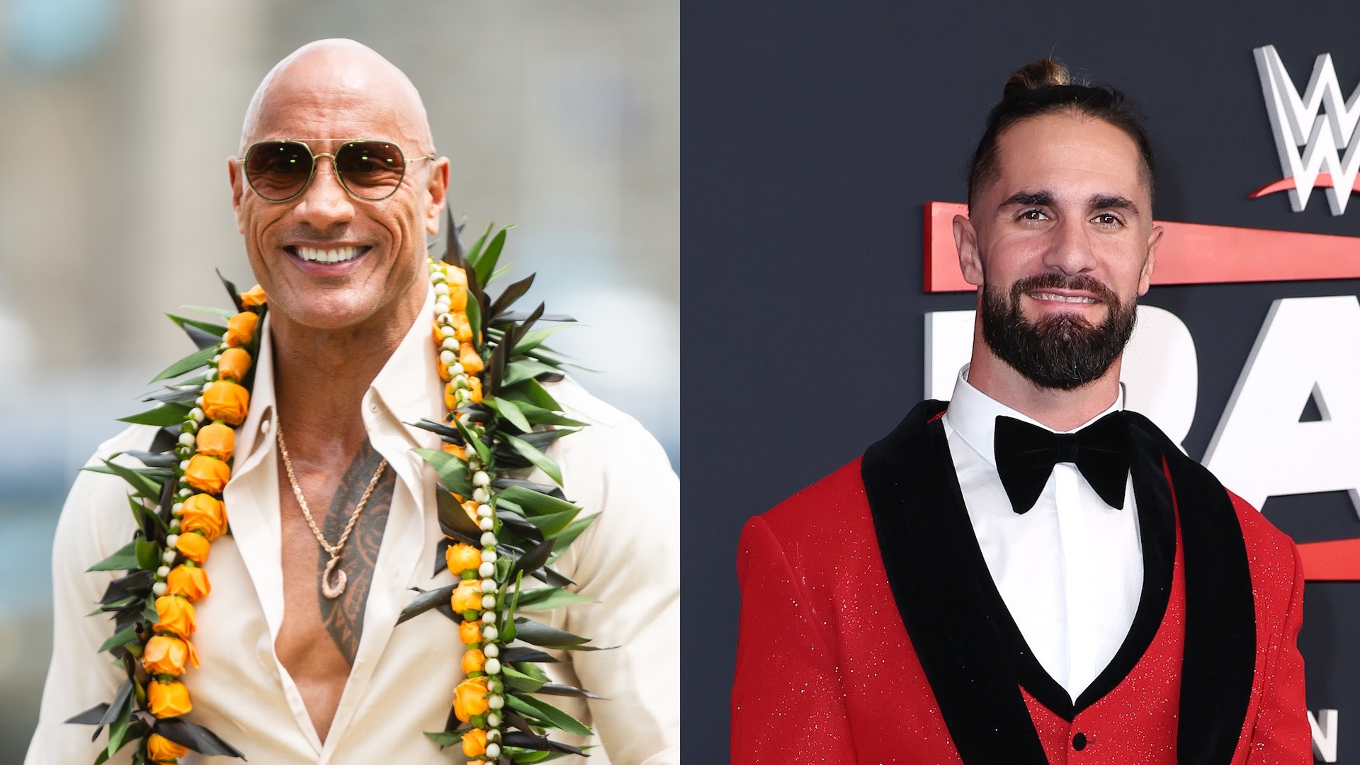 Split image of Dwayne Johnson and Seth Rollins.