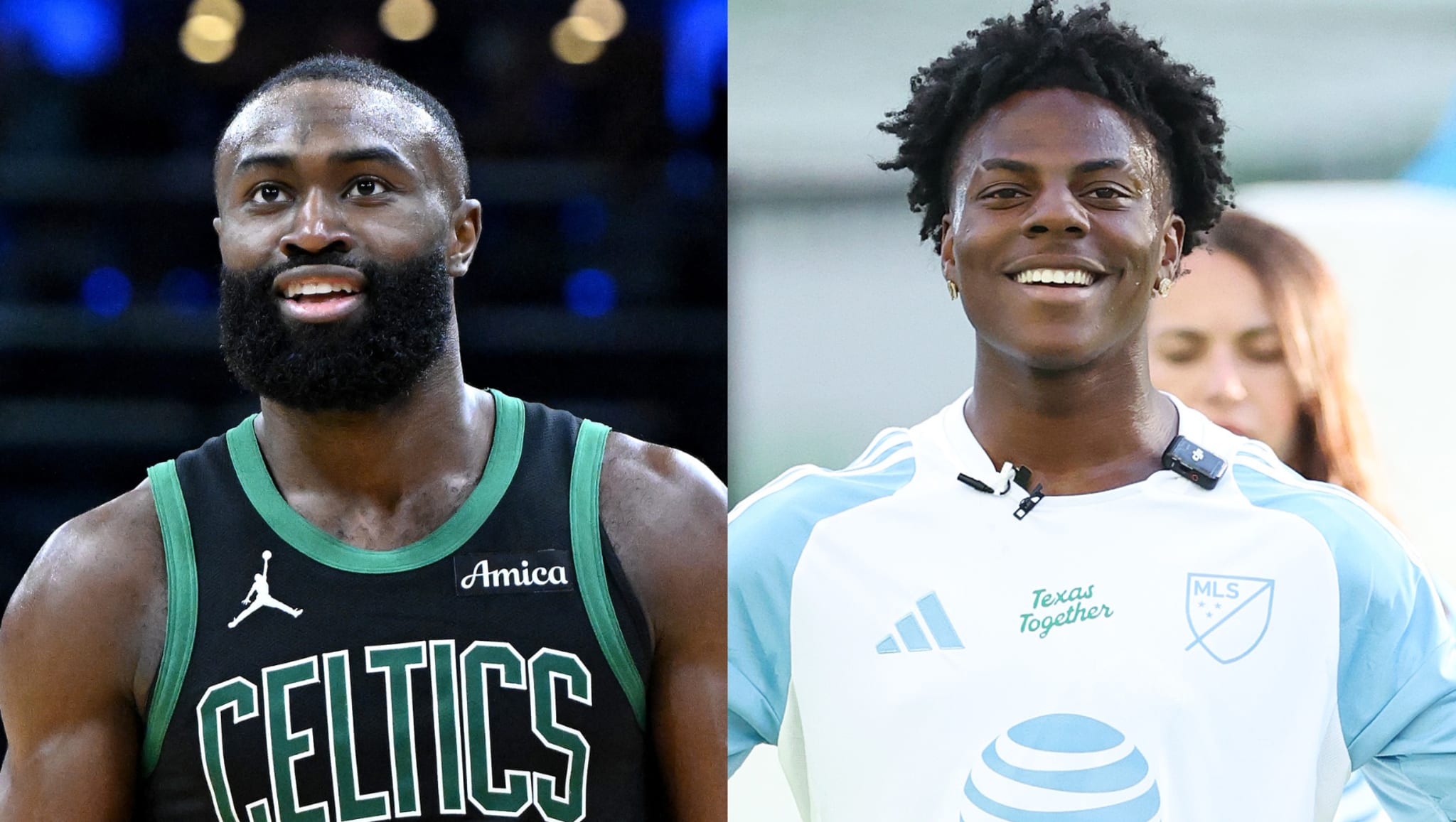 Jaylen Brown in a Celtics jersey and IShowSpeed in an MLS jersey, both smiling.