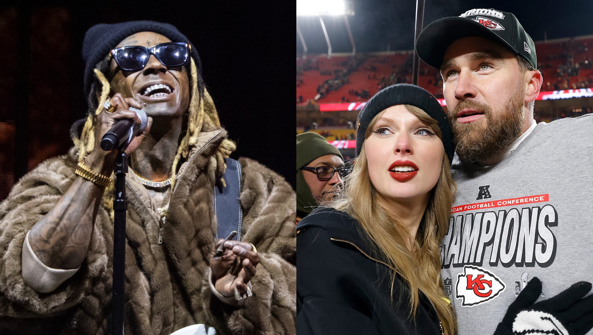 Lil Wayne performing on stage, wearing a fur coat and sunglasses. Taylor Swift and Travis Kelce at a football game, embracing.