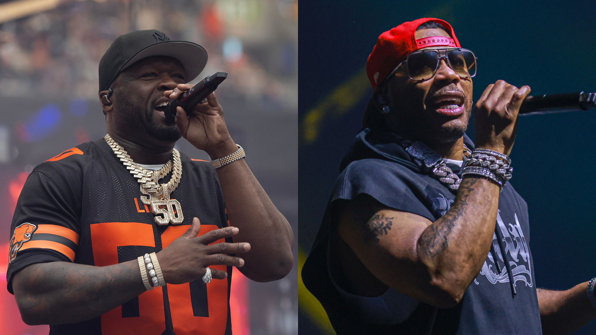 Two images side by side: 50 Cent performing in a black and orange jersey, and Nelly performing in a black sleeveless hoodie and red cap.