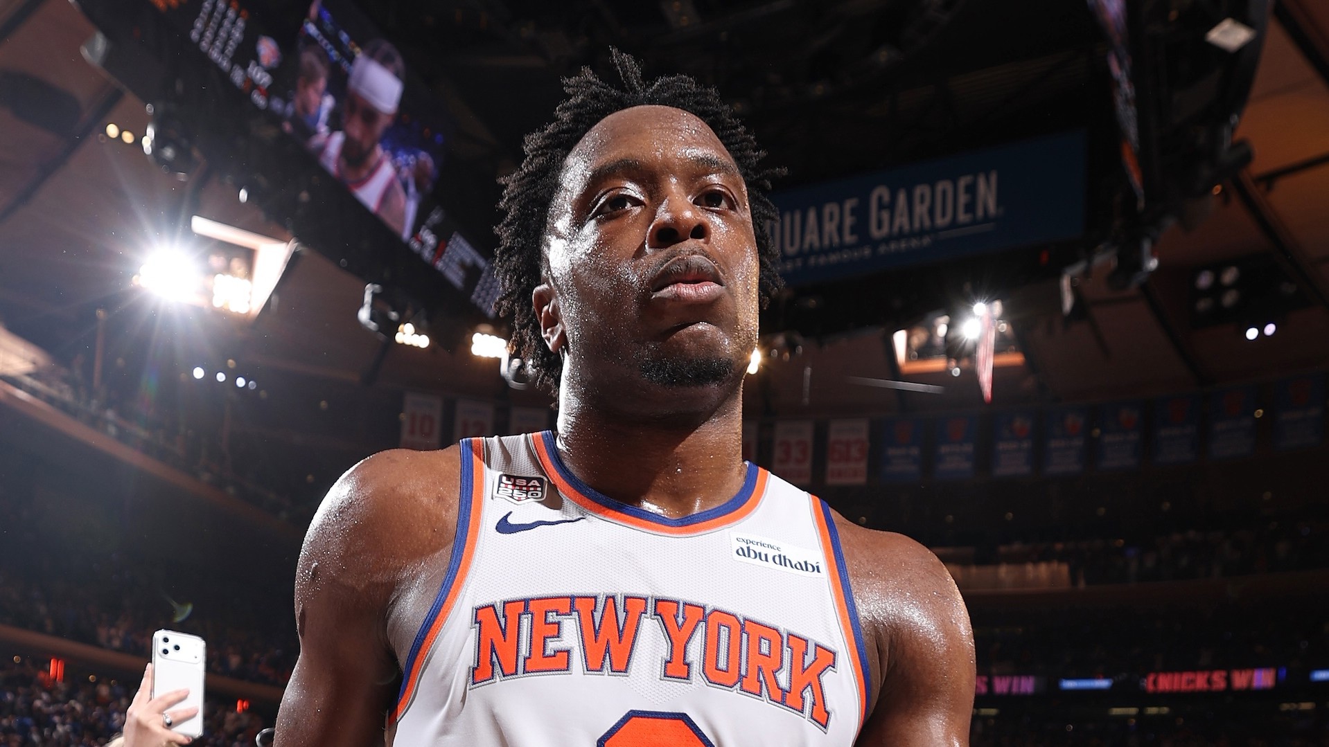 OG Anunoby walks off the court after the game against the San Antonio Spurs during Game Four of the 2026 NBA Finals.