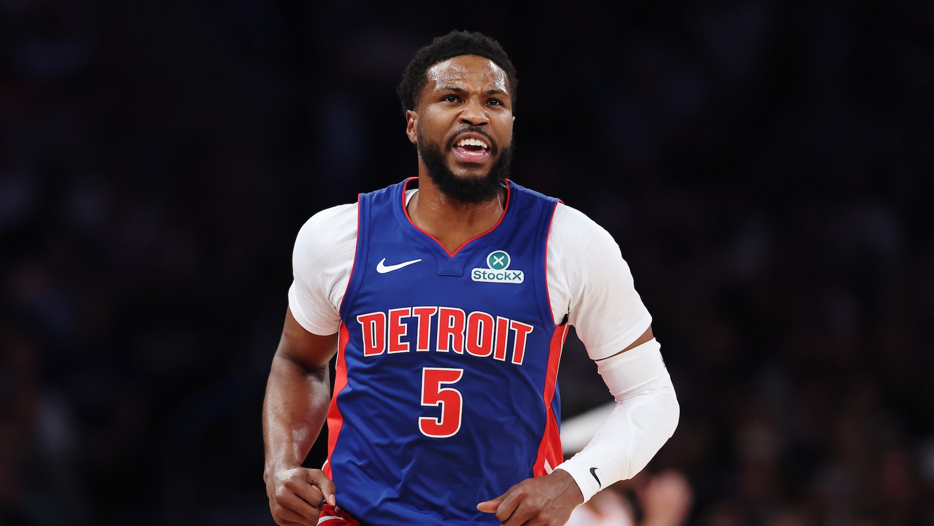 NEW YORK, NEW YORK - APRIL 29: Malik Beasley #5 of the Detroit Pistons in action in Game Five of the Eastern Conference First Round NBA Playoffs against the New York Knicks at Madison Square Garden on April 29, 2025 in New York City. NOTE TO USER: User expressly acknowledges and agrees that, by downloading and or using this photograph, User is consenting to the terms and conditions of the Getty Images License Agreement.
