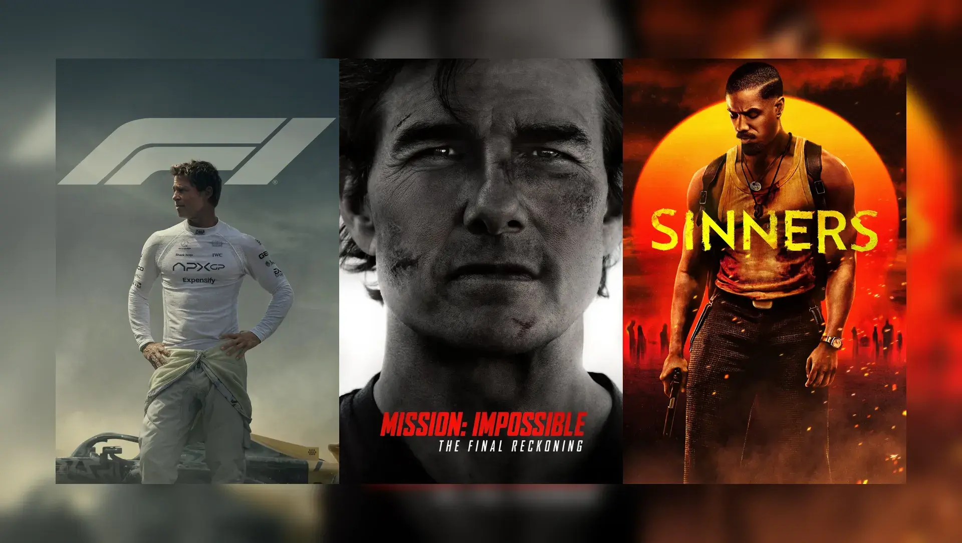 Three movie posters: a race car driver, Tom Cruise in "Mission: Impossible – The Final Reckoning," and a muscular man in "Sinners."