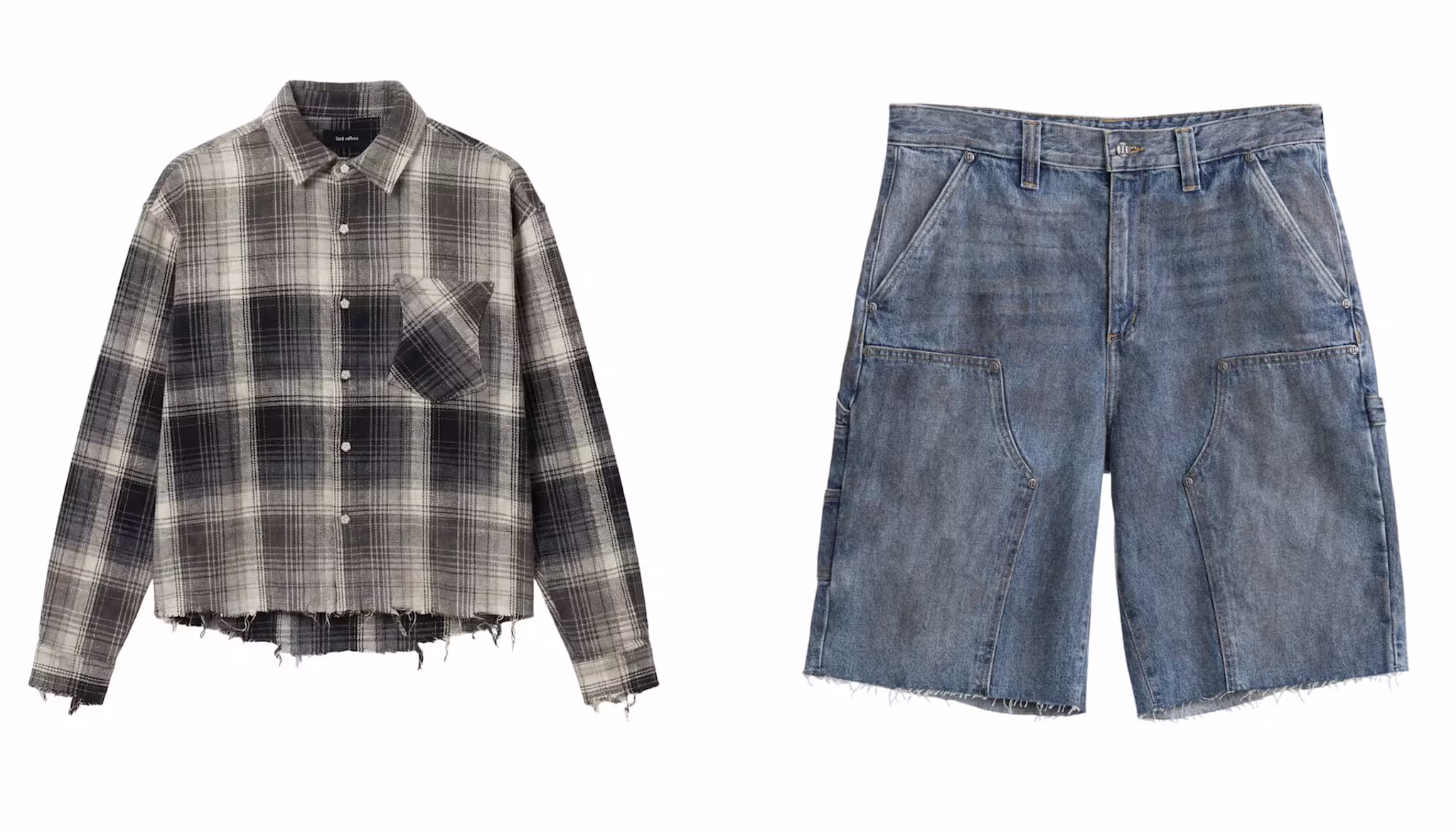 A plaid flannel shirt with a frayed hem and a pair of distressed denim shorts, both with a casual, rugged style.