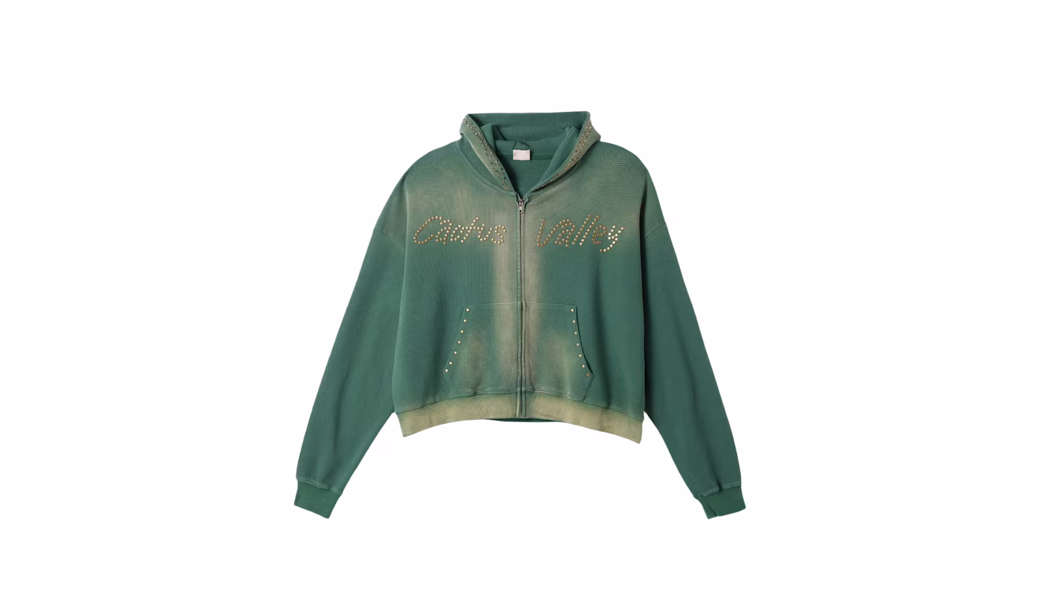 Green zip-up hoodie with "Cactus Valley" in rhinestones, featuring a faded effect and front pockets.