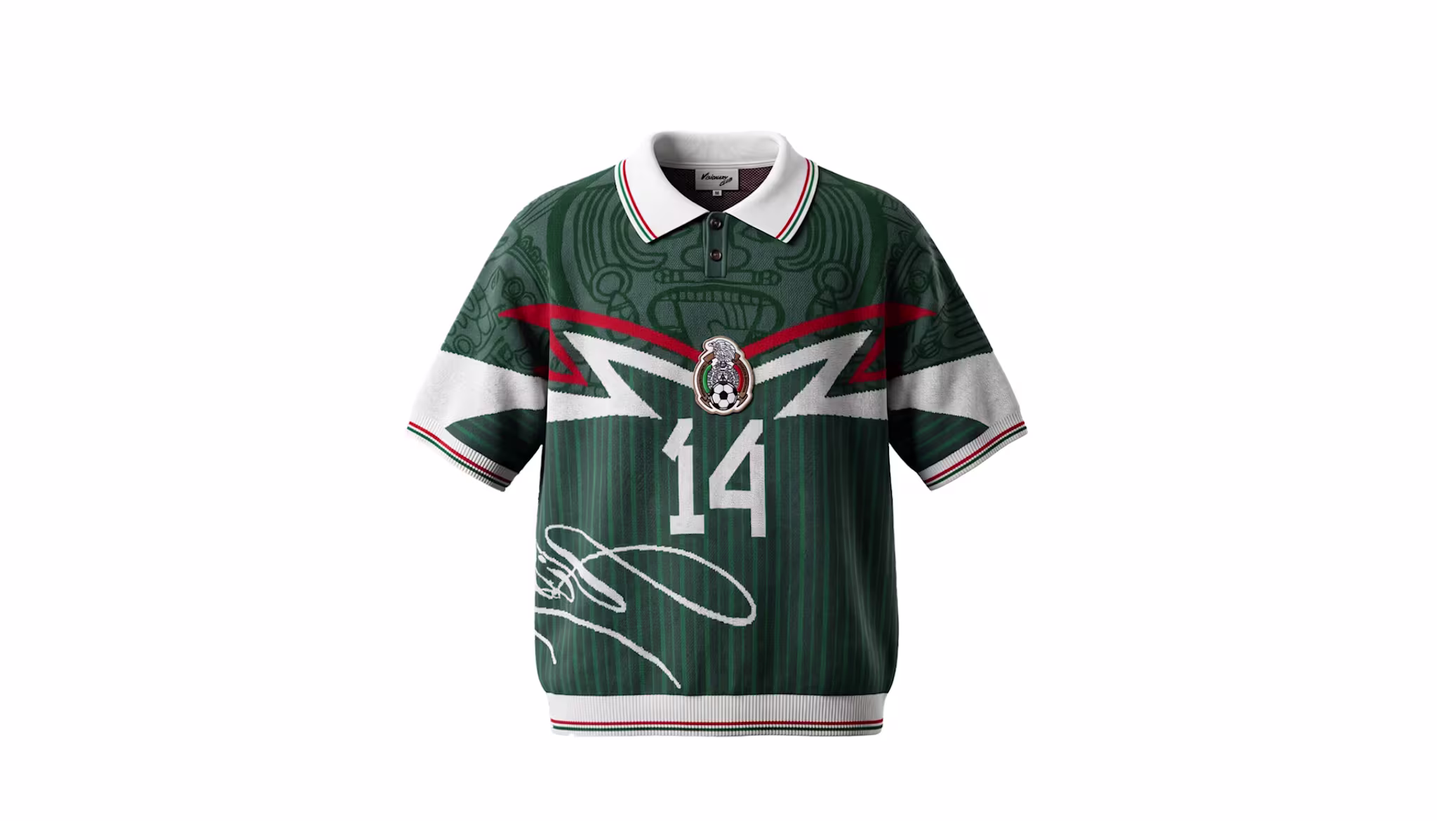 Green soccer jersey with number 14, featuring Mexico's emblem and a signature on the front.