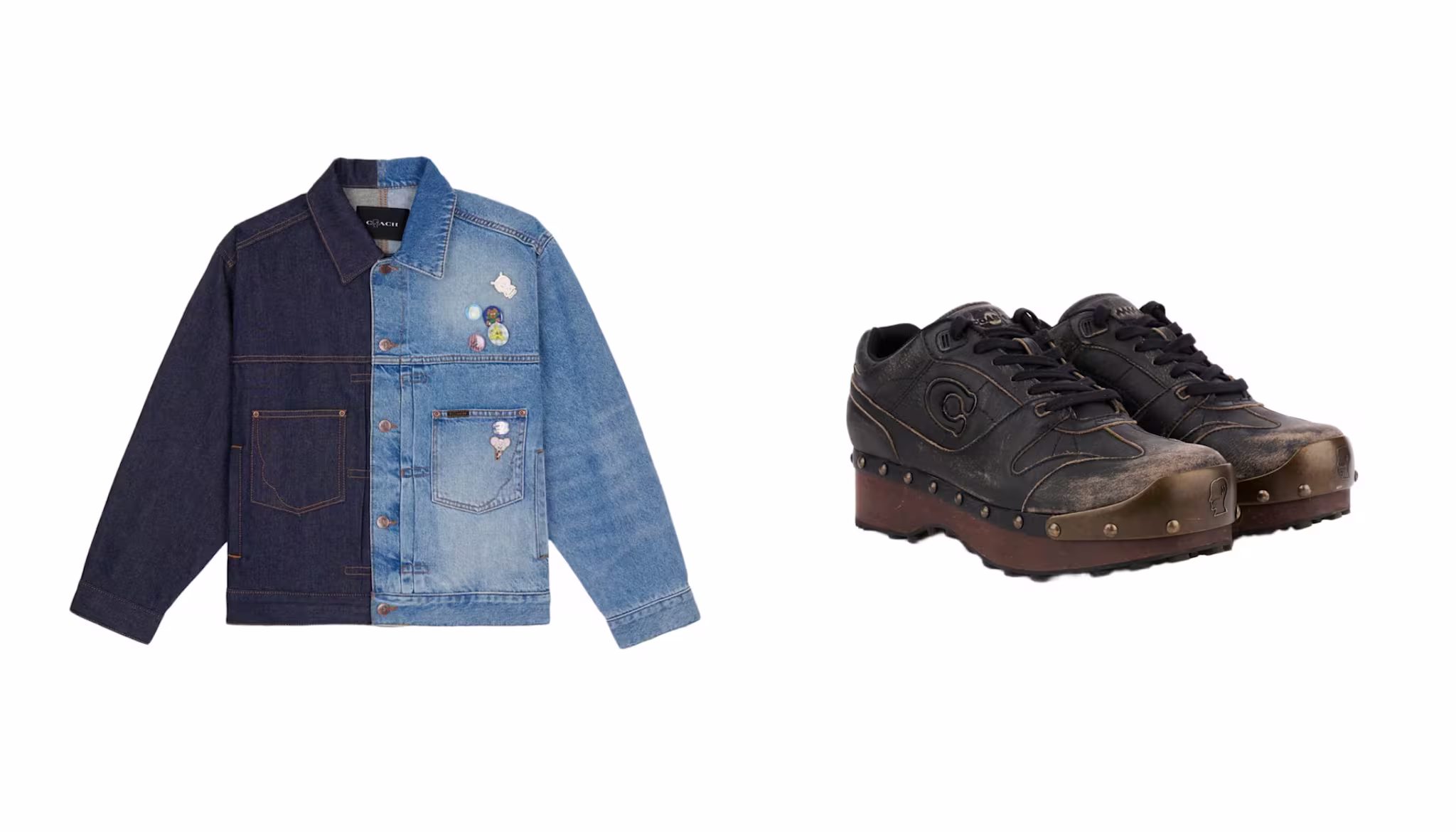 A denim jacket with a patchwork design and various pins, next to a pair of black platform shoes with brown soles and stud details.