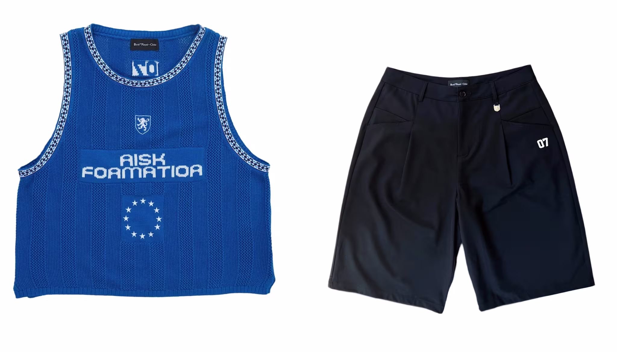 Blue mesh tank top with "AISK FORMATION" text and star circle, paired with black shorts featuring a small emblem.