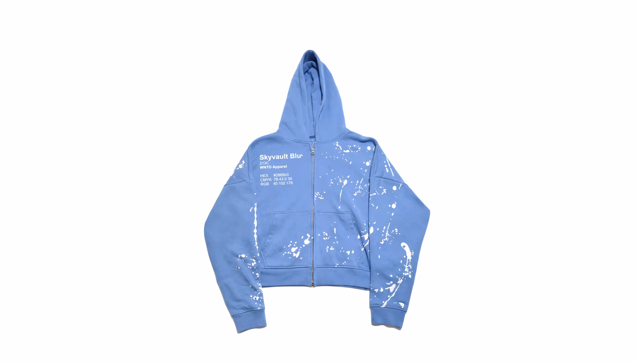 Blue hoodie with white splatter design and text "Skyvault Blue" on the front, featuring a zip-up style and hood.