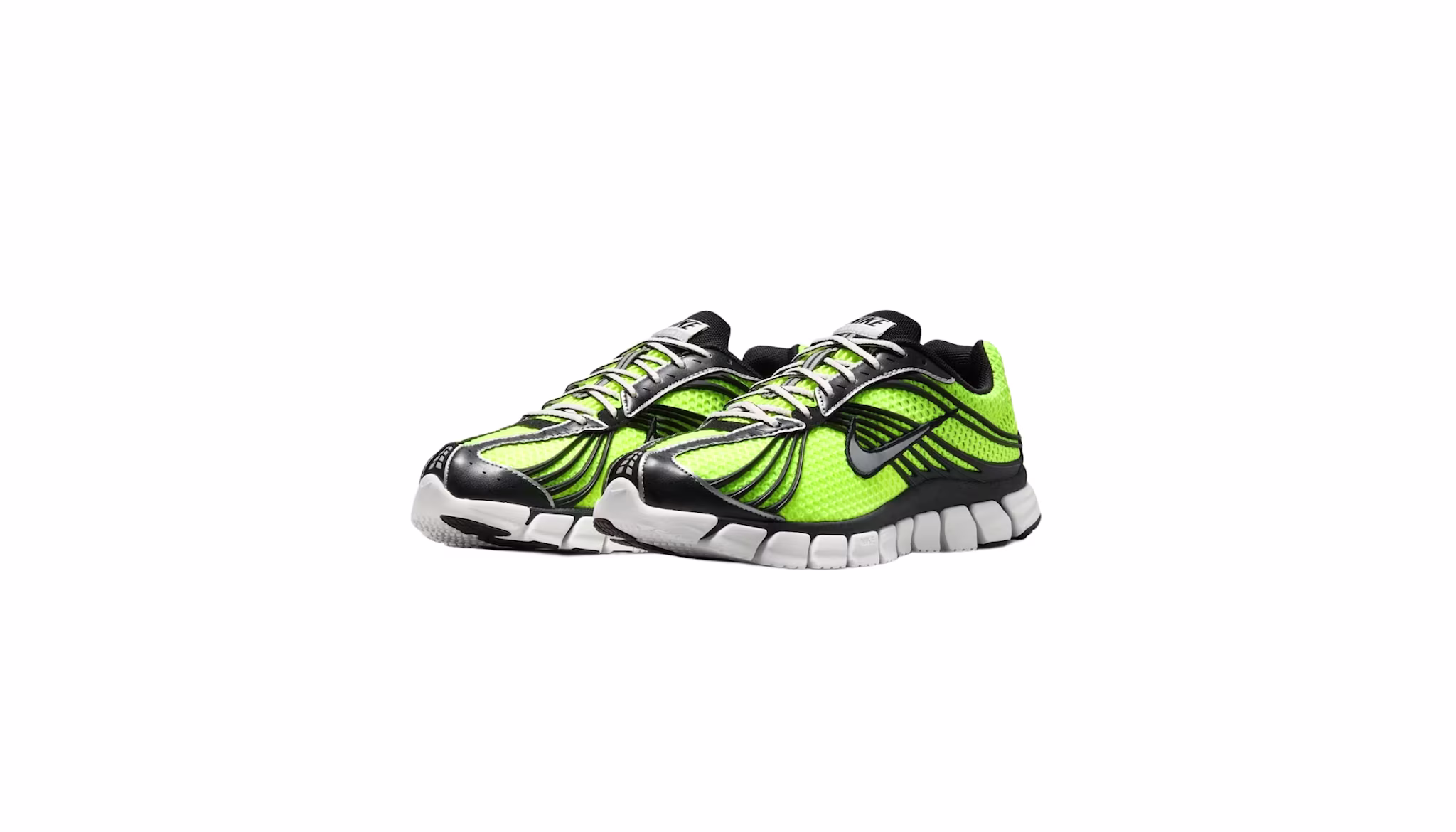 A pair of vibrant green and black athletic shoes with white soles, featuring a dynamic design and lace-up closure.