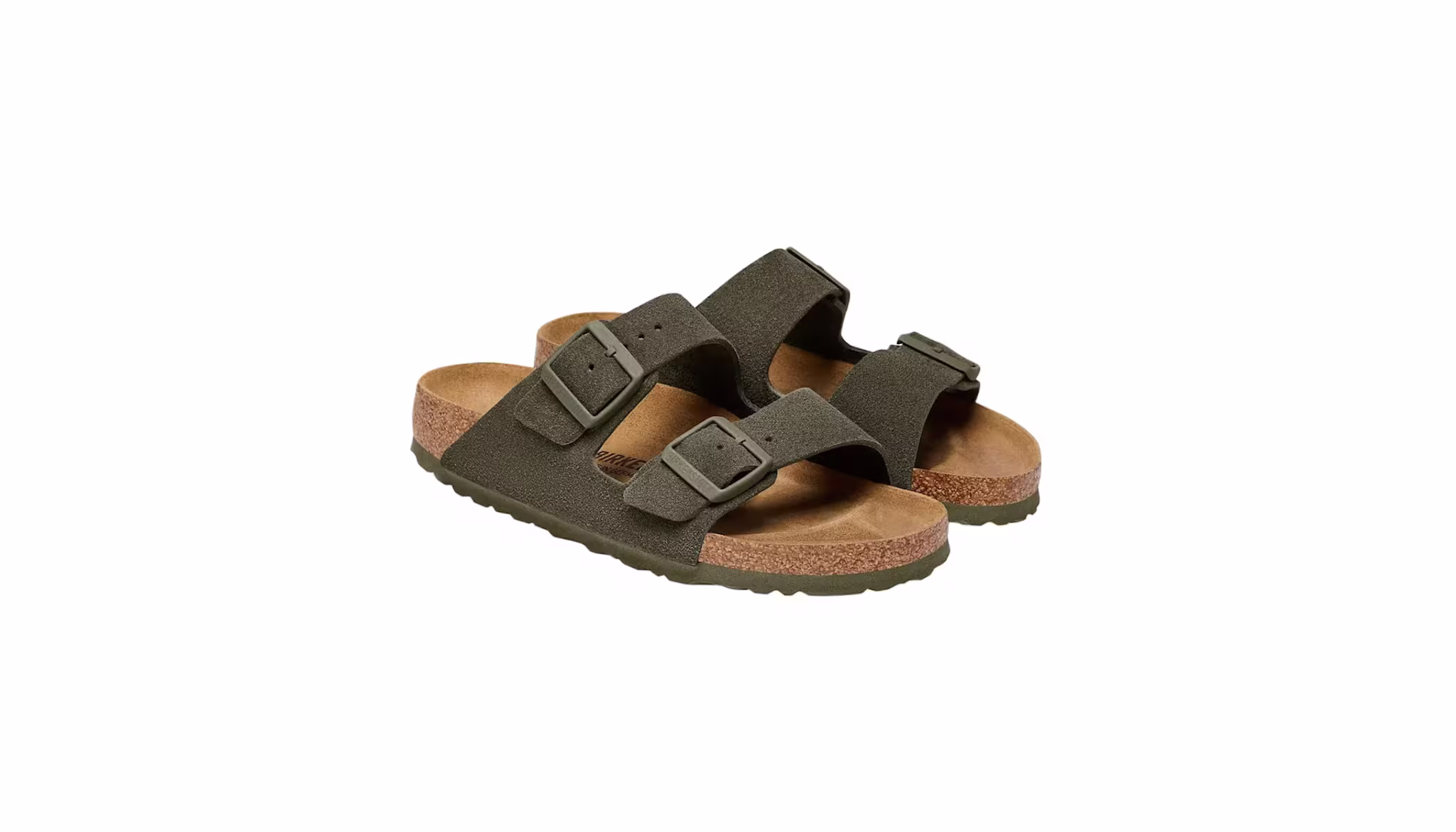 A pair of olive green sandals with two straps and buckles, featuring a cork footbed and textured sole.