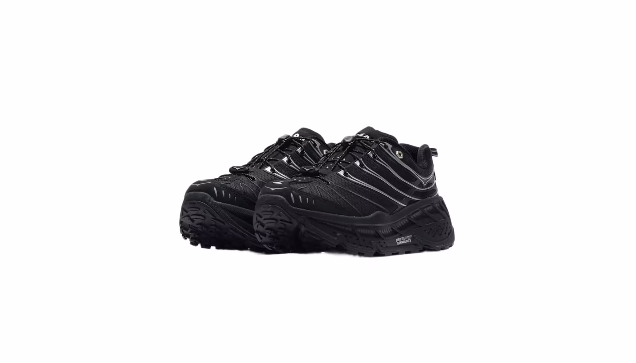 A pair of black athletic shoes with thick soles and detailed stitching, designed for outdoor or trail use.