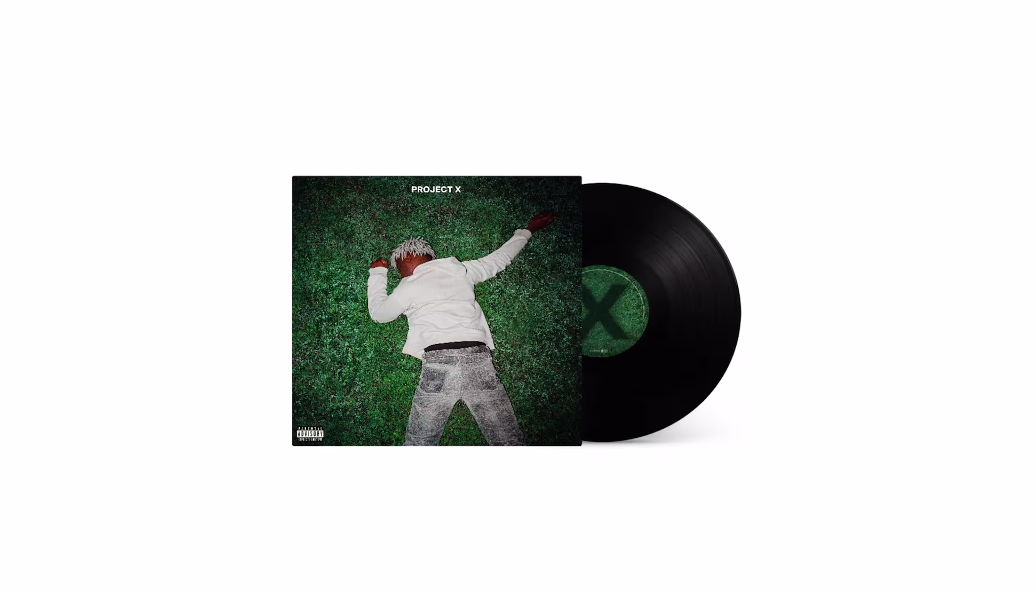 Vinyl record with album cover titled "Project X," featuring a person lying on grass, wearing a white jacket and jeans.