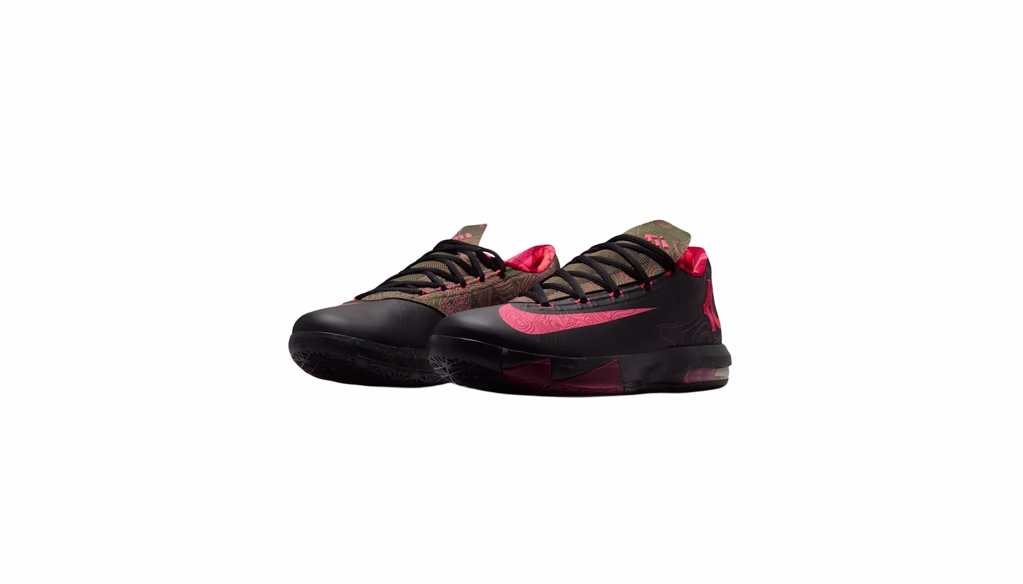 Black and red athletic sneakers with intricate patterns and black laces, displayed on a white background.