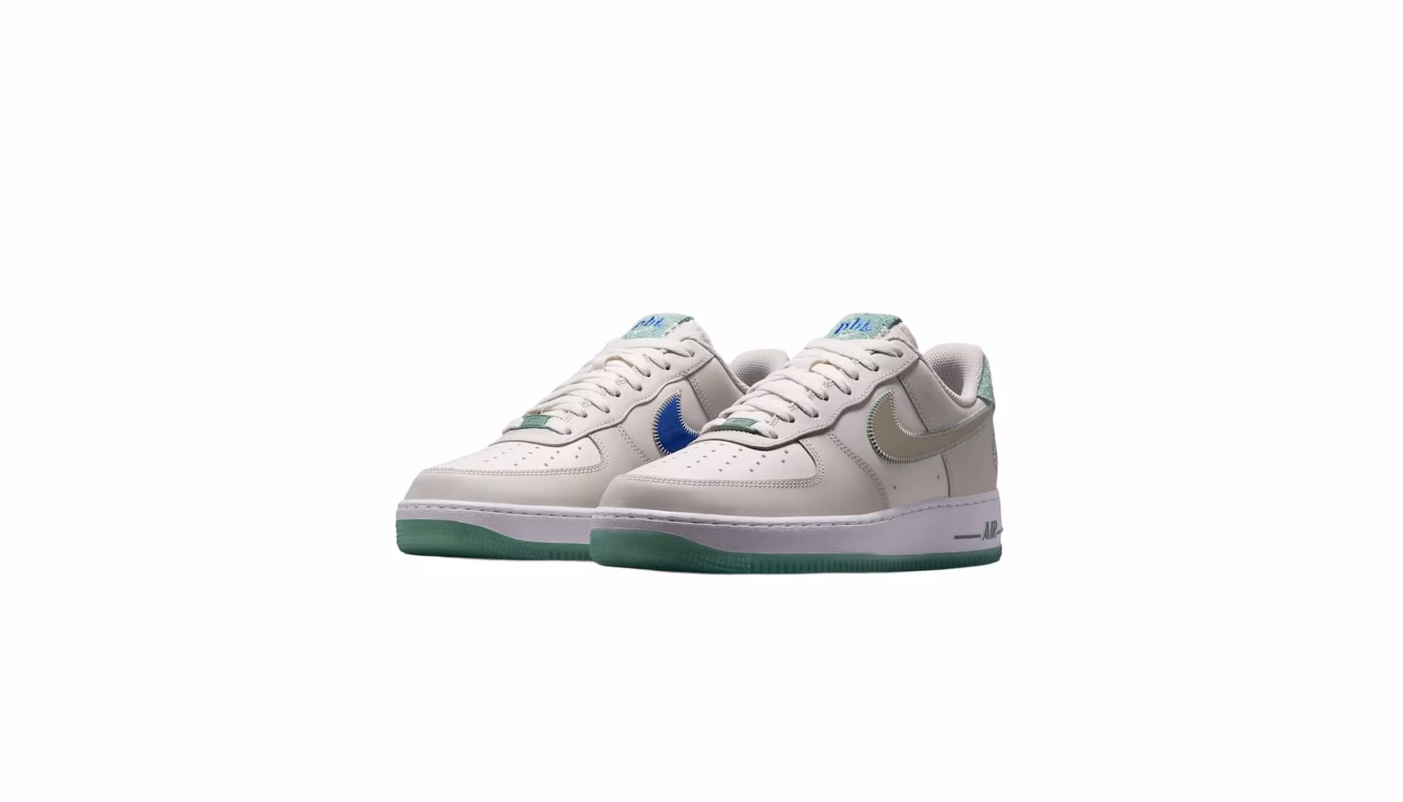 A pair of white Nike Air Force 1 sneakers with green and blue accents on the swoosh and sole, displayed against a white background.