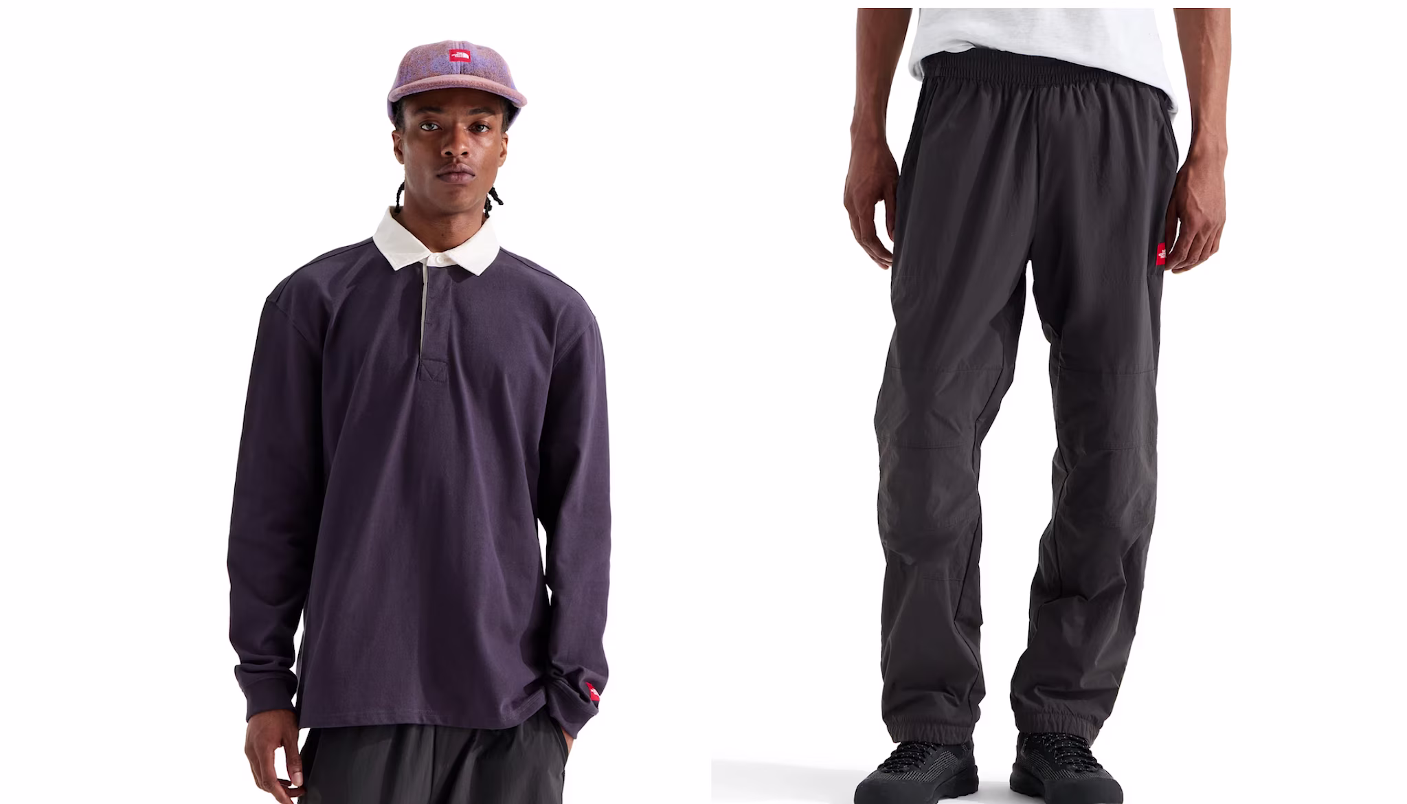 A person wearing a dark long-sleeve polo shirt, cap, and dark pants with black shoes. The image is split into two views.