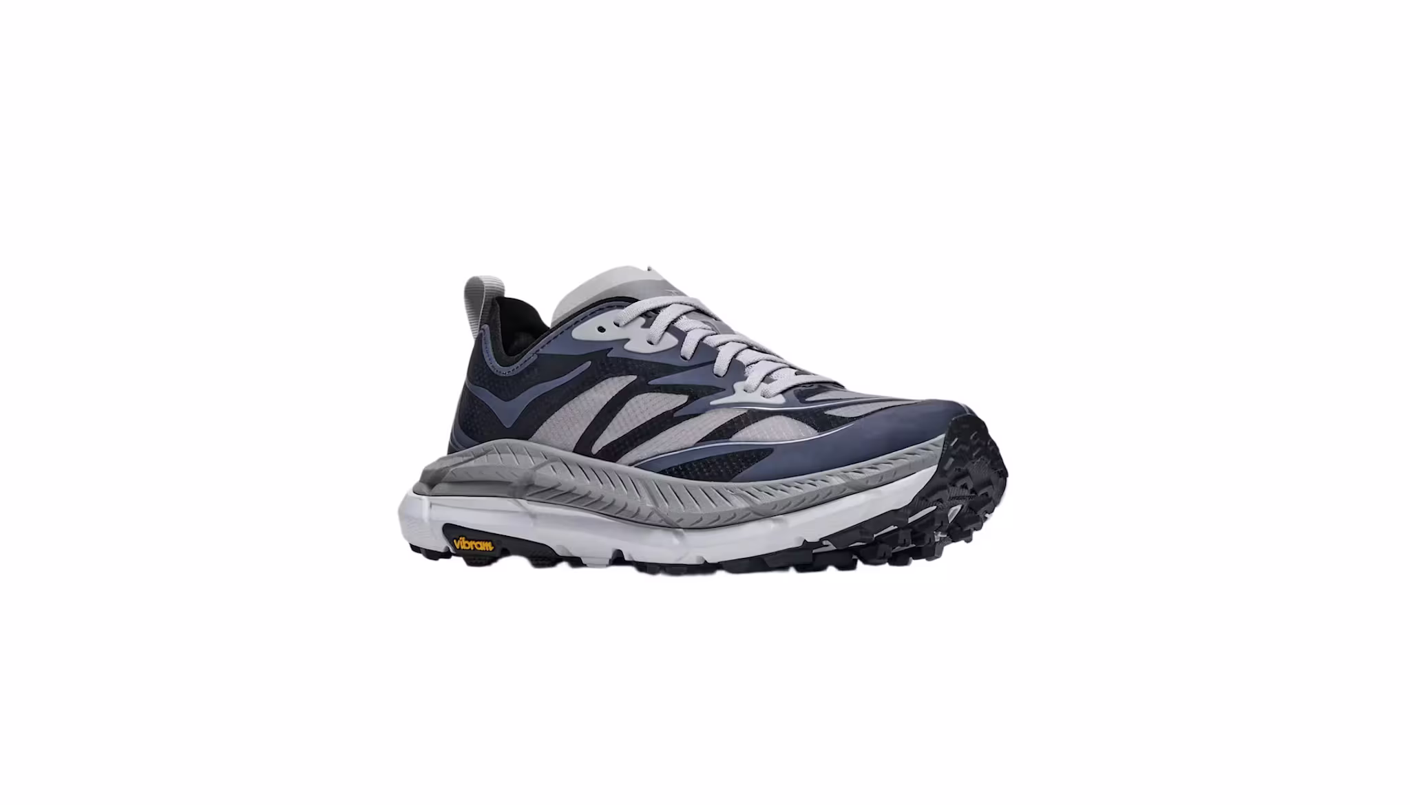 A blue and gray trail running shoe with a rugged black sole and white laces, featuring a Vibram logo on the side.