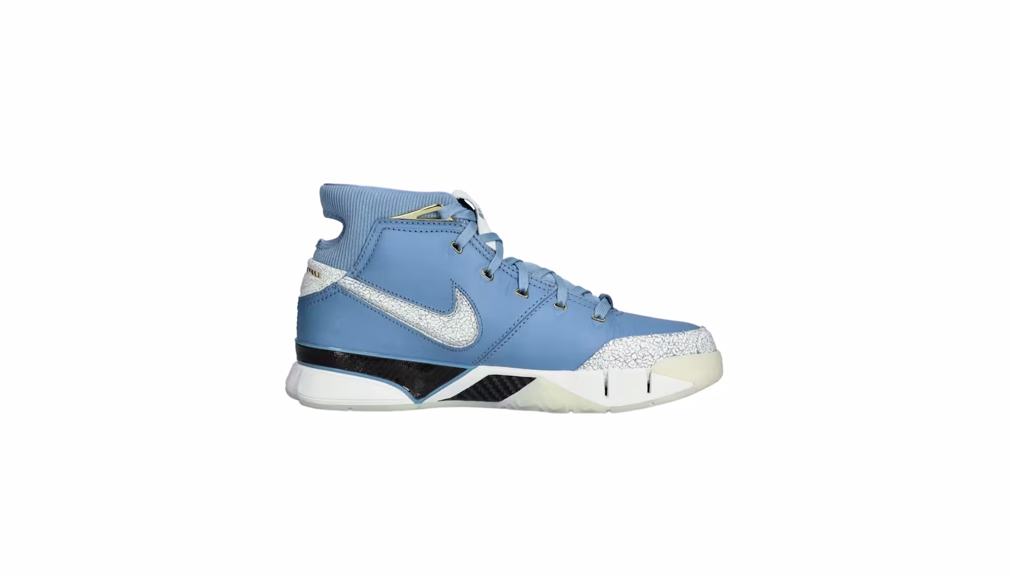 A blue Nike basketball shoe with a silver swoosh, white and black accents, and a textured pattern on the toe and heel.
