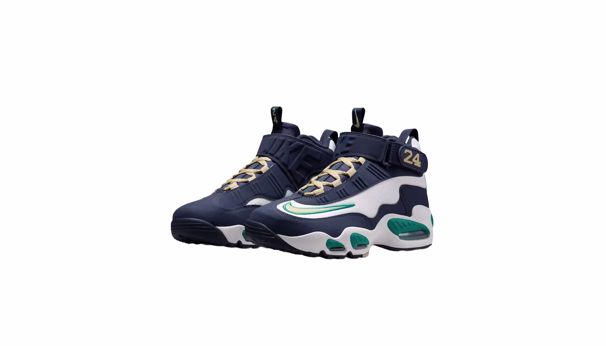 A pair of navy and white athletic sneakers with teal accents and the number "24" on the strap.