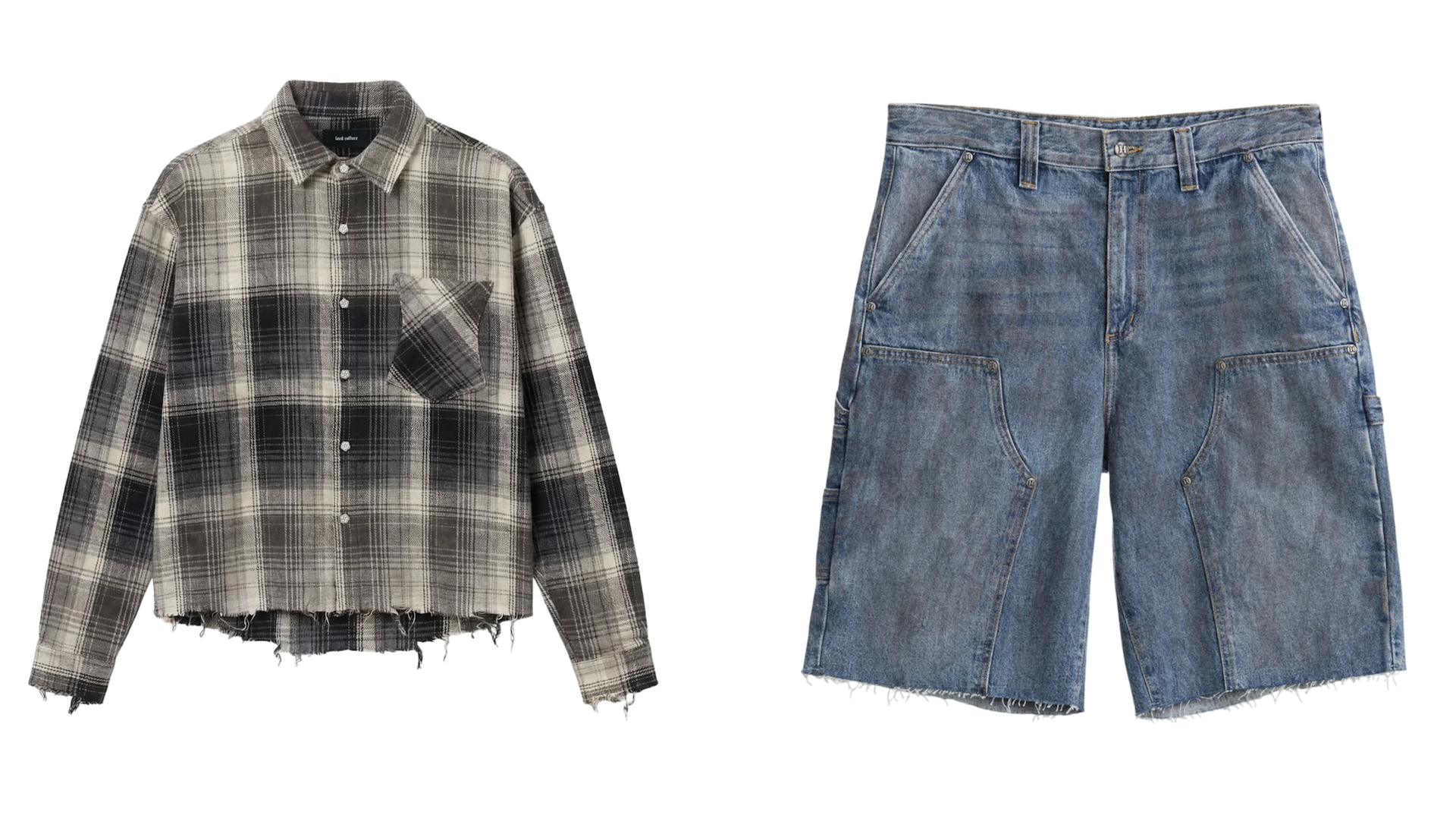 A plaid flannel shirt with a frayed hem and a pair of distressed denim shorts, both with a casual, rugged style.