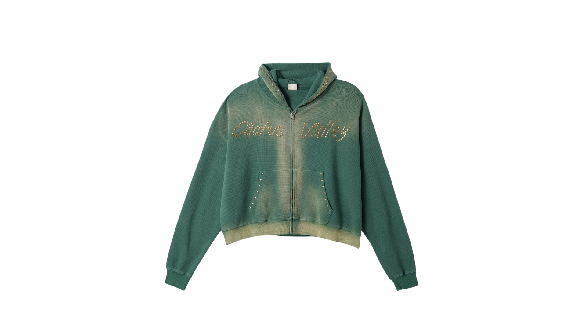 Green zip-up hoodie with "Cactus Valley" in rhinestones, featuring a faded effect and front pockets.