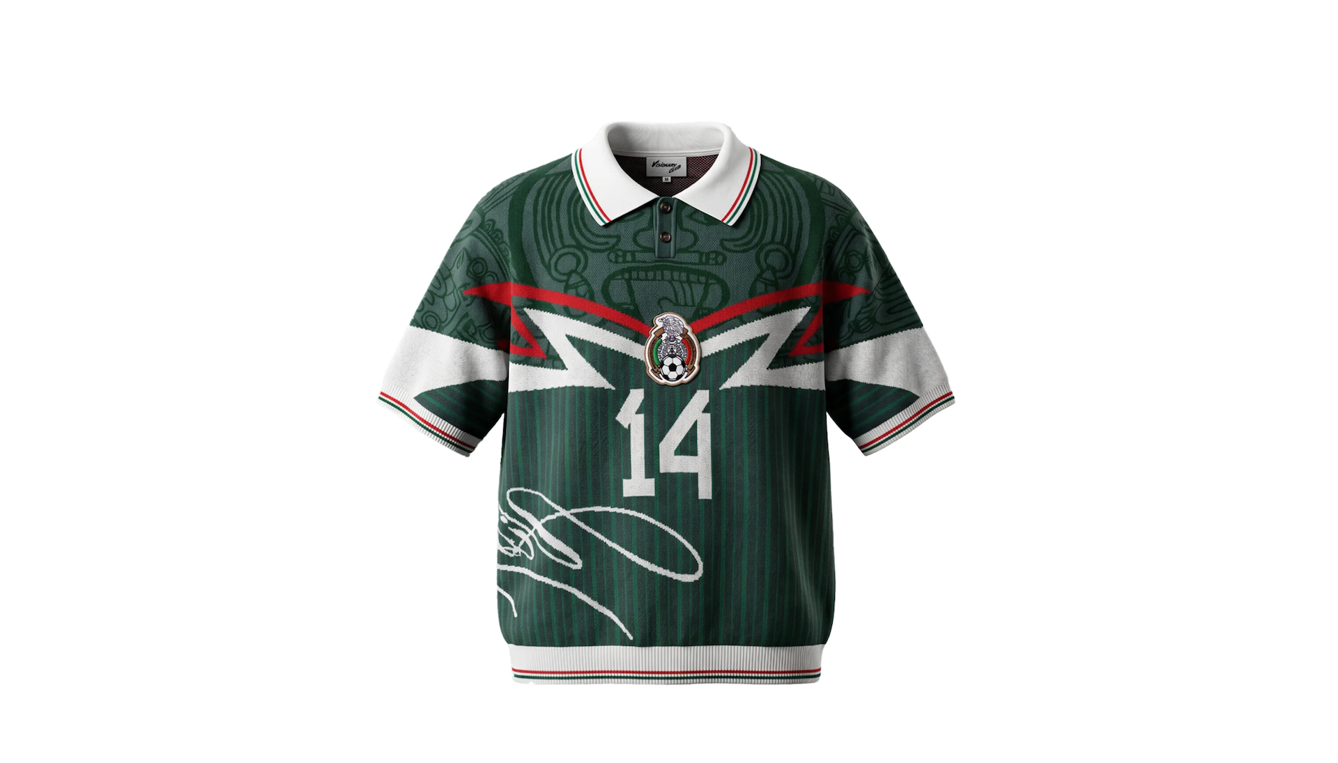 Green soccer jersey with number 14, featuring Mexico's emblem and a signature on the front.