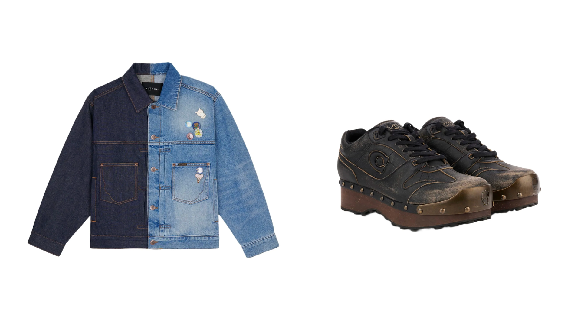 A denim jacket with a patchwork design and various pins, next to a pair of black platform shoes with brown soles and stud details.