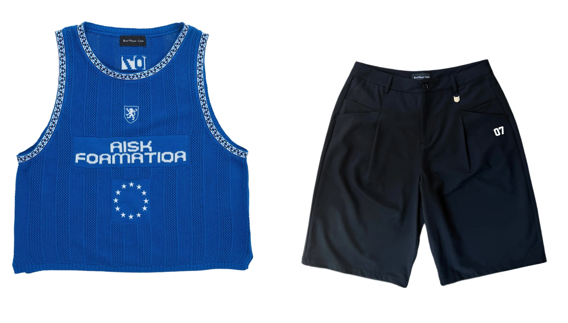 Blue mesh tank top with "AISK FORMATION" text and star circle, paired with black shorts featuring a small emblem.