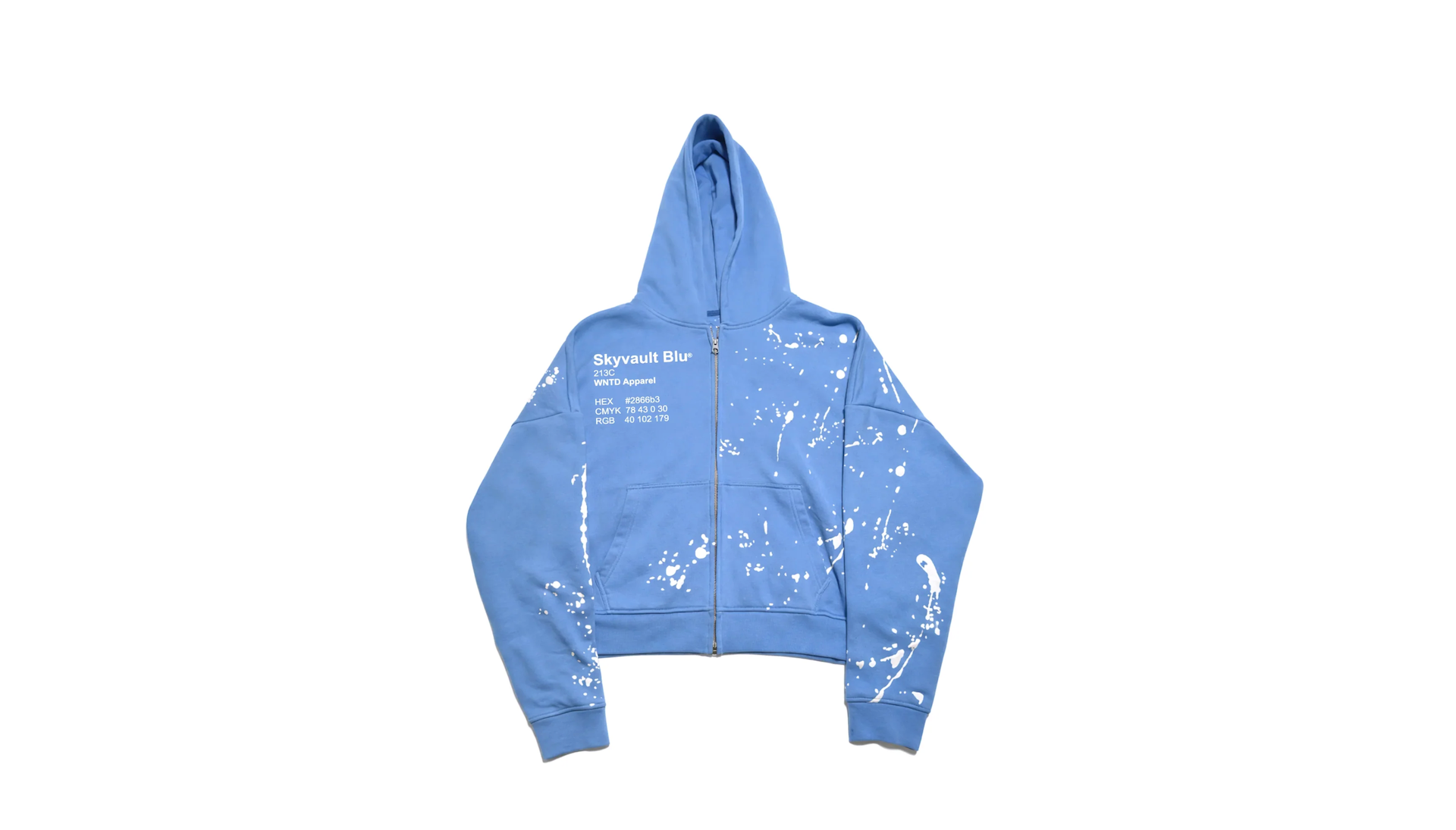 Blue hoodie with white splatter design and text "Skyvault Blue" on the front, featuring a zip-up style and hood.