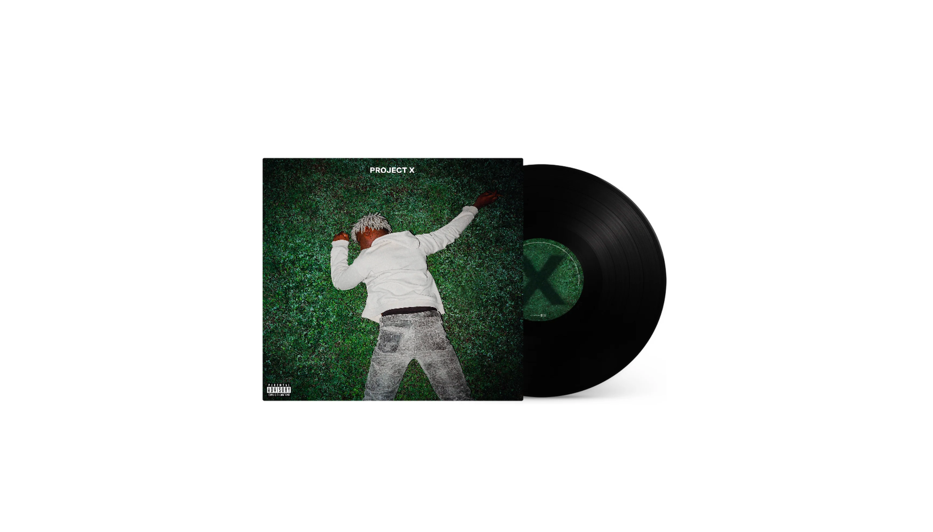 Vinyl record with album cover titled "Project X," featuring a person lying on grass, wearing a white jacket and jeans.