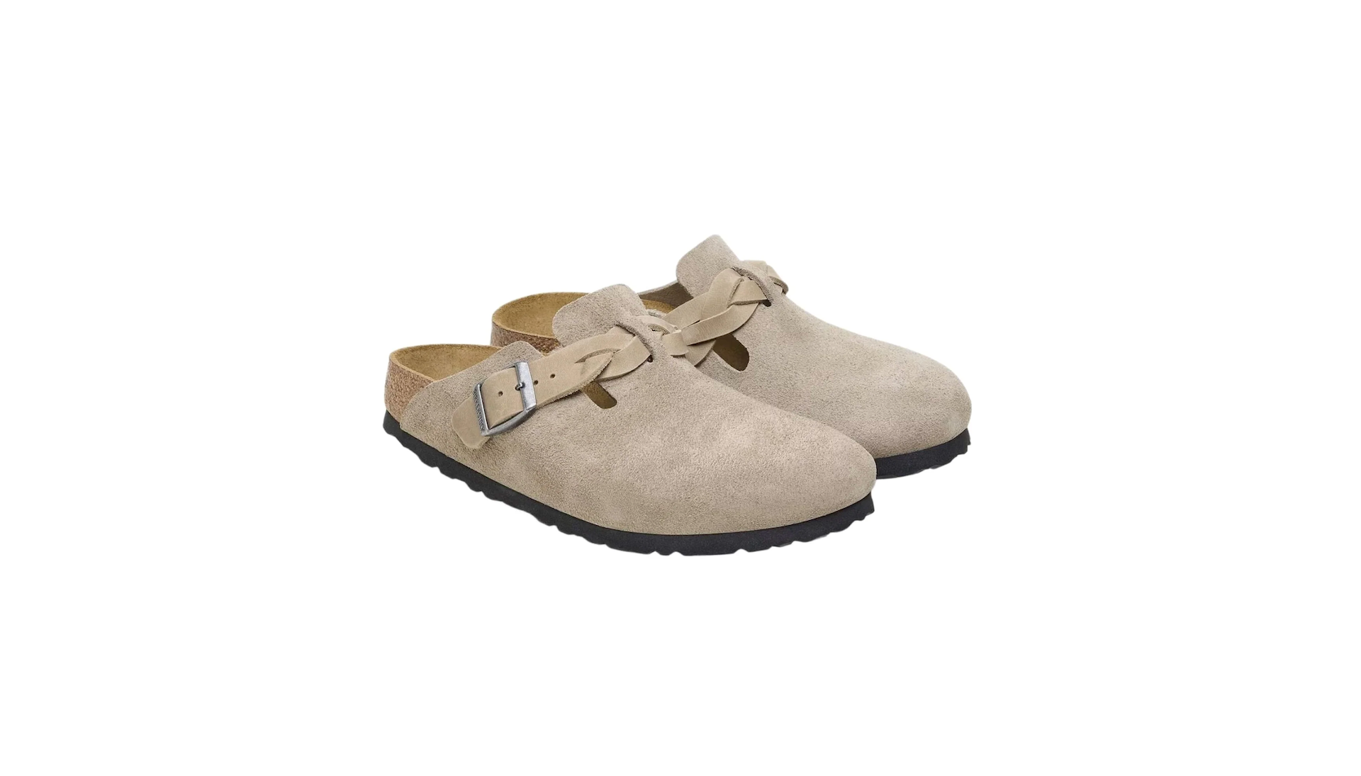 Beige suede clogs with a buckle, featuring a black sole.