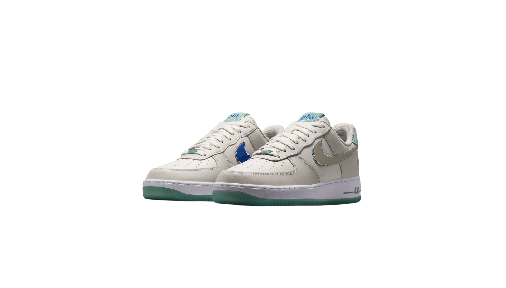 A pair of white Nike Air Force 1 sneakers with green and blue accents on the swoosh and sole, displayed against a white background.