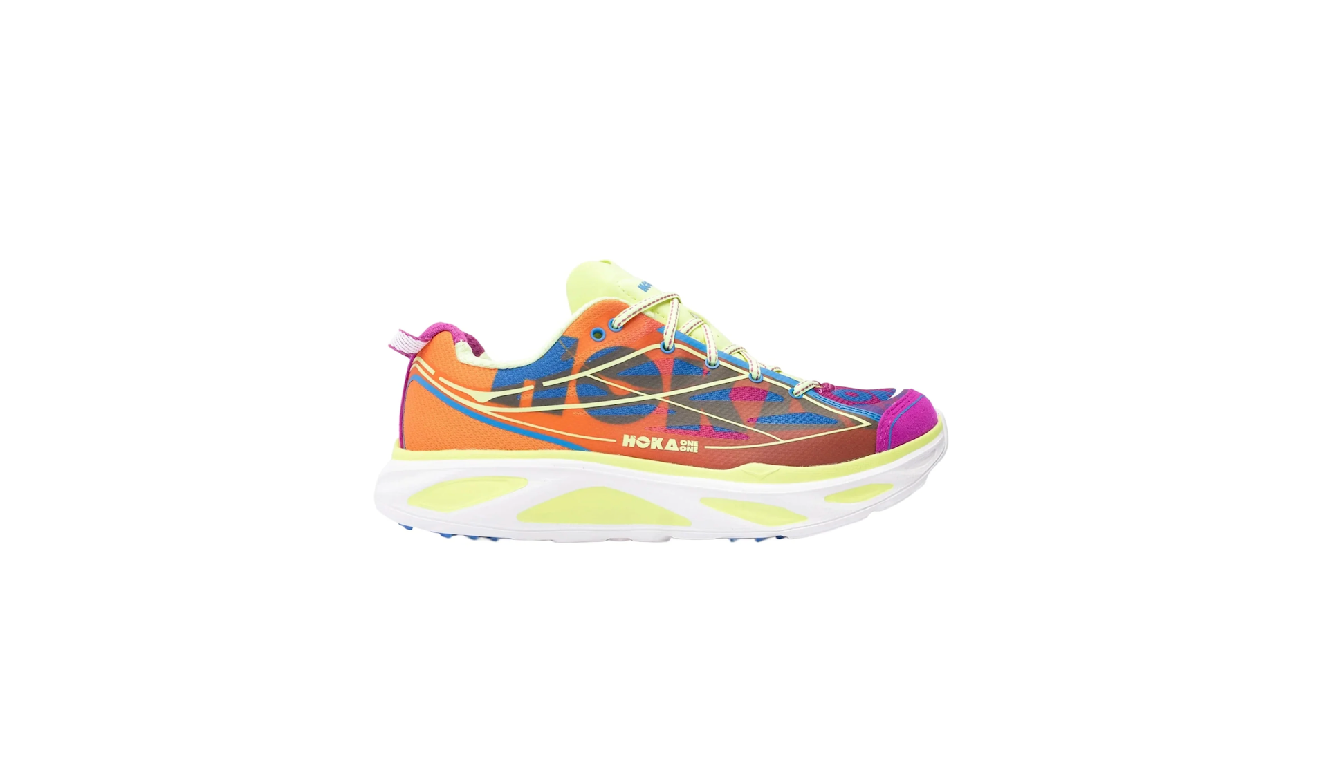 Colorful Hoka running shoe with a vibrant design, featuring orange, blue, pink, and yellow accents on a white sole.