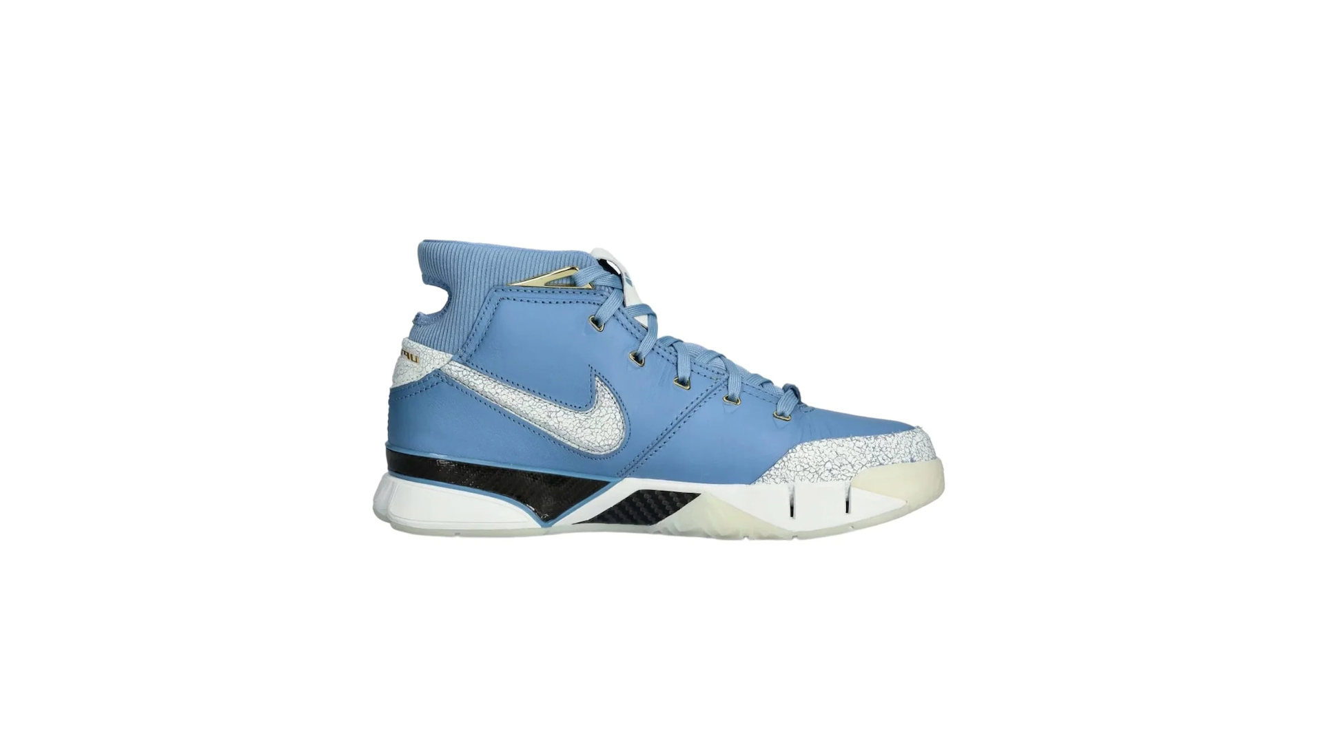 A blue Nike basketball shoe with a silver swoosh, white and black accents, and a textured pattern on the toe and heel.